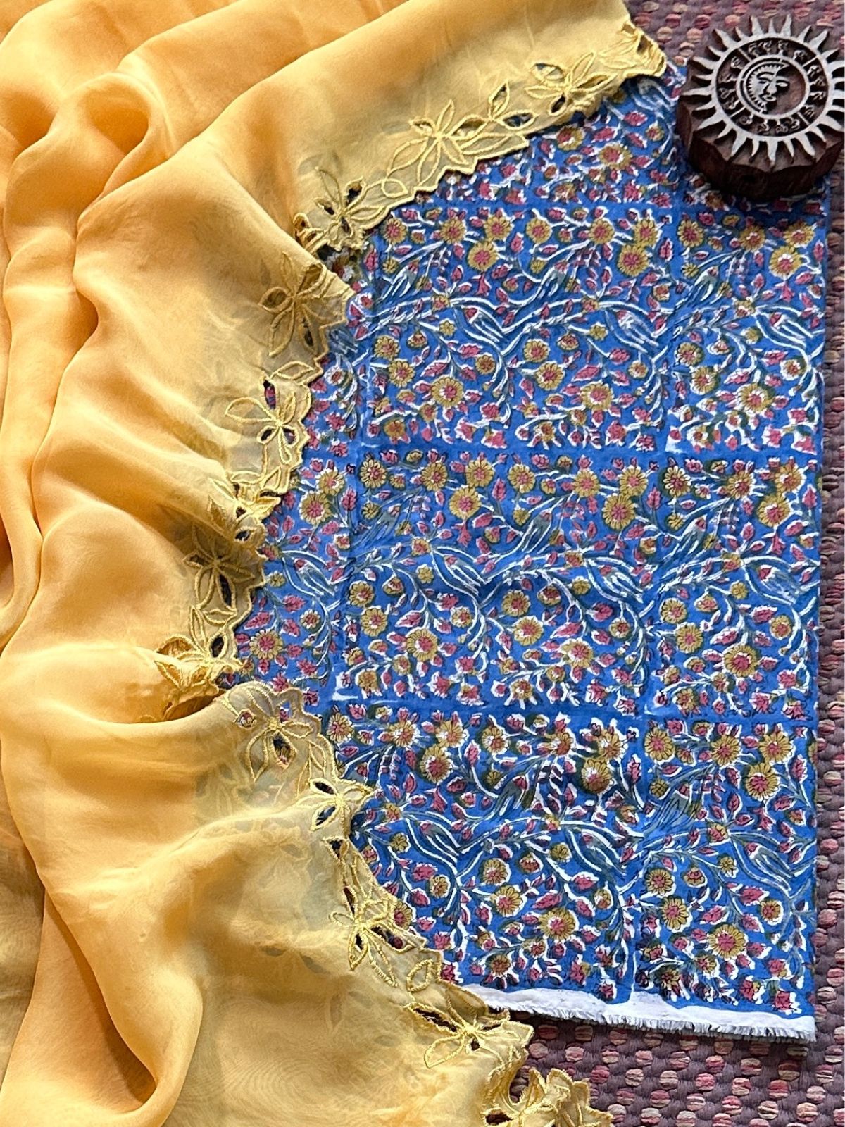 Pure Cotton Malmal Handblocked Fabric with Exclusive Cutwork Organza Dupatta