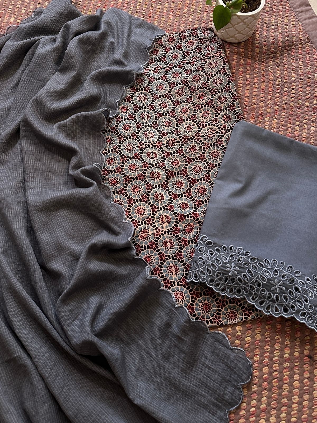 Pure Cotton Malmal  AjFabric with Exclusive Cutwork Bottom & Kota Doria Dupatta