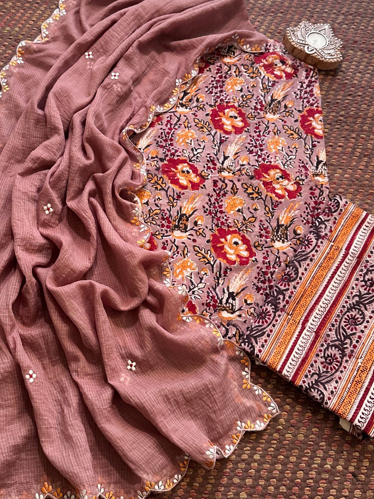 Premium Pure Cotton Malmal Hand blocked Set with Embroidered Dupatta