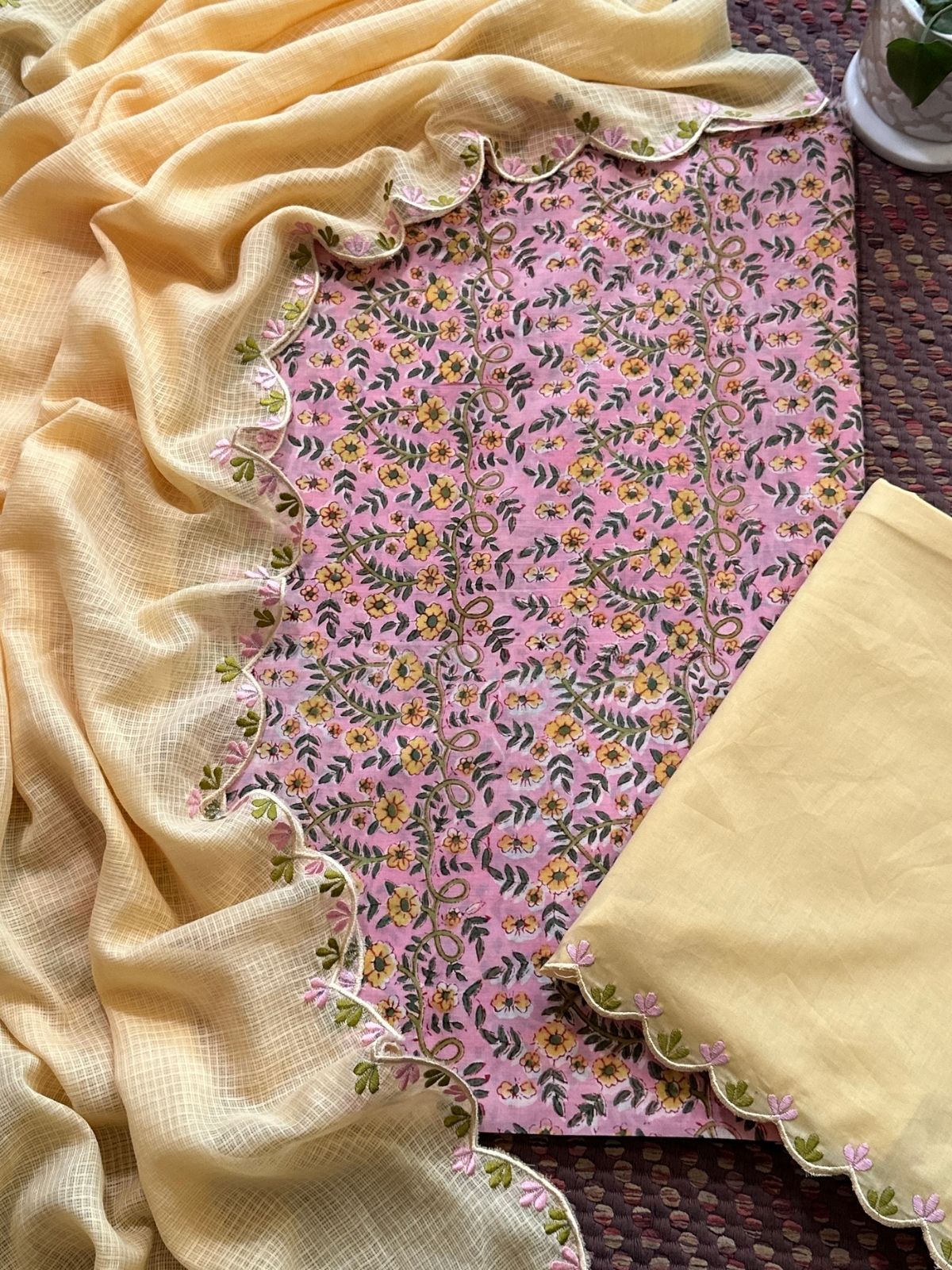 Pure Cotton Hand-block Fabric with Embroidered Bottom & Kota Doria Dupatta