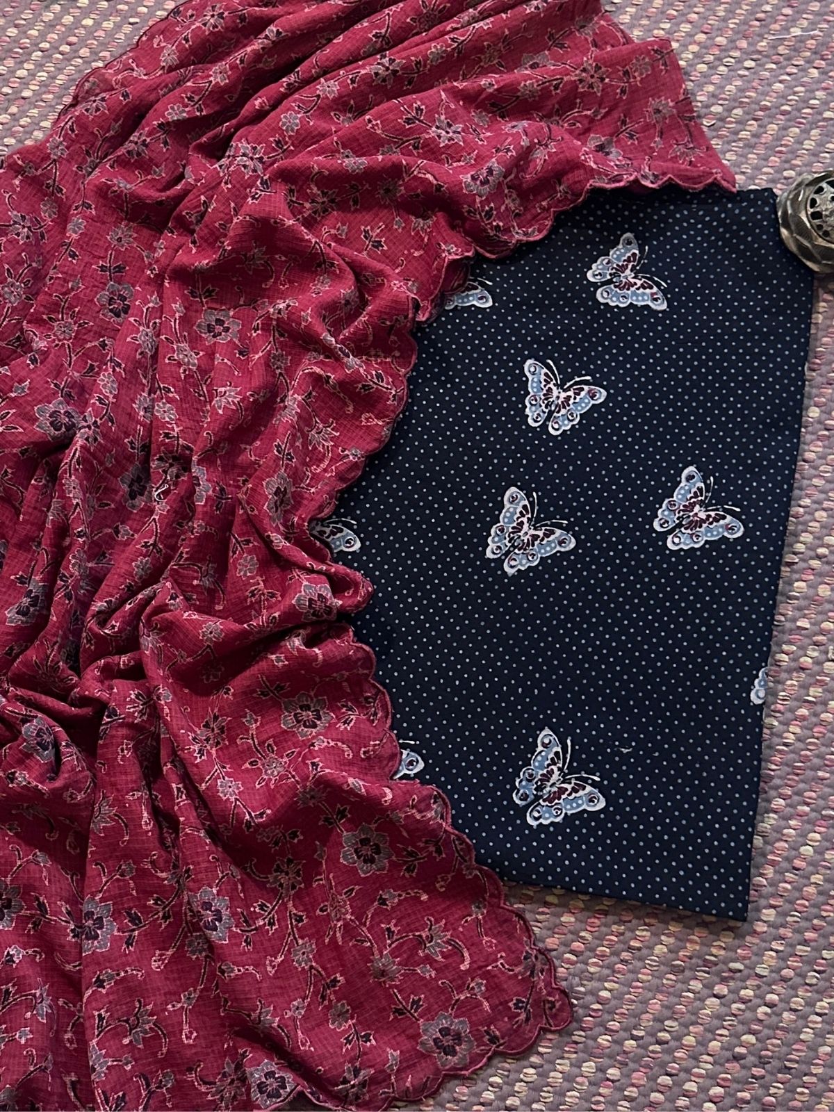 Ajrakh Cotton Malmal Handblocked Set- Top & Dupatta