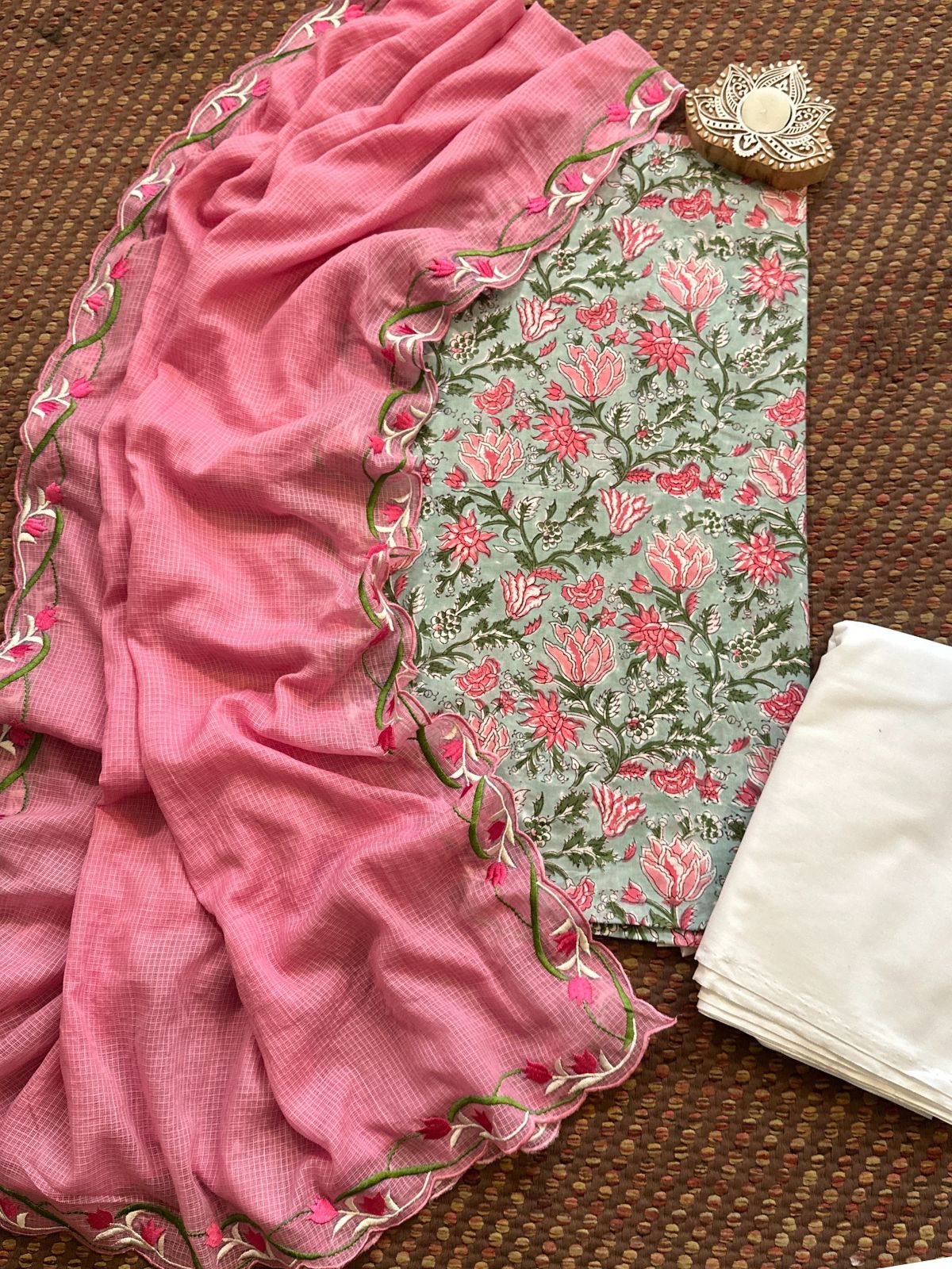 Pure Cotton Hand-blocked Fabric with Embroidered Dupatta