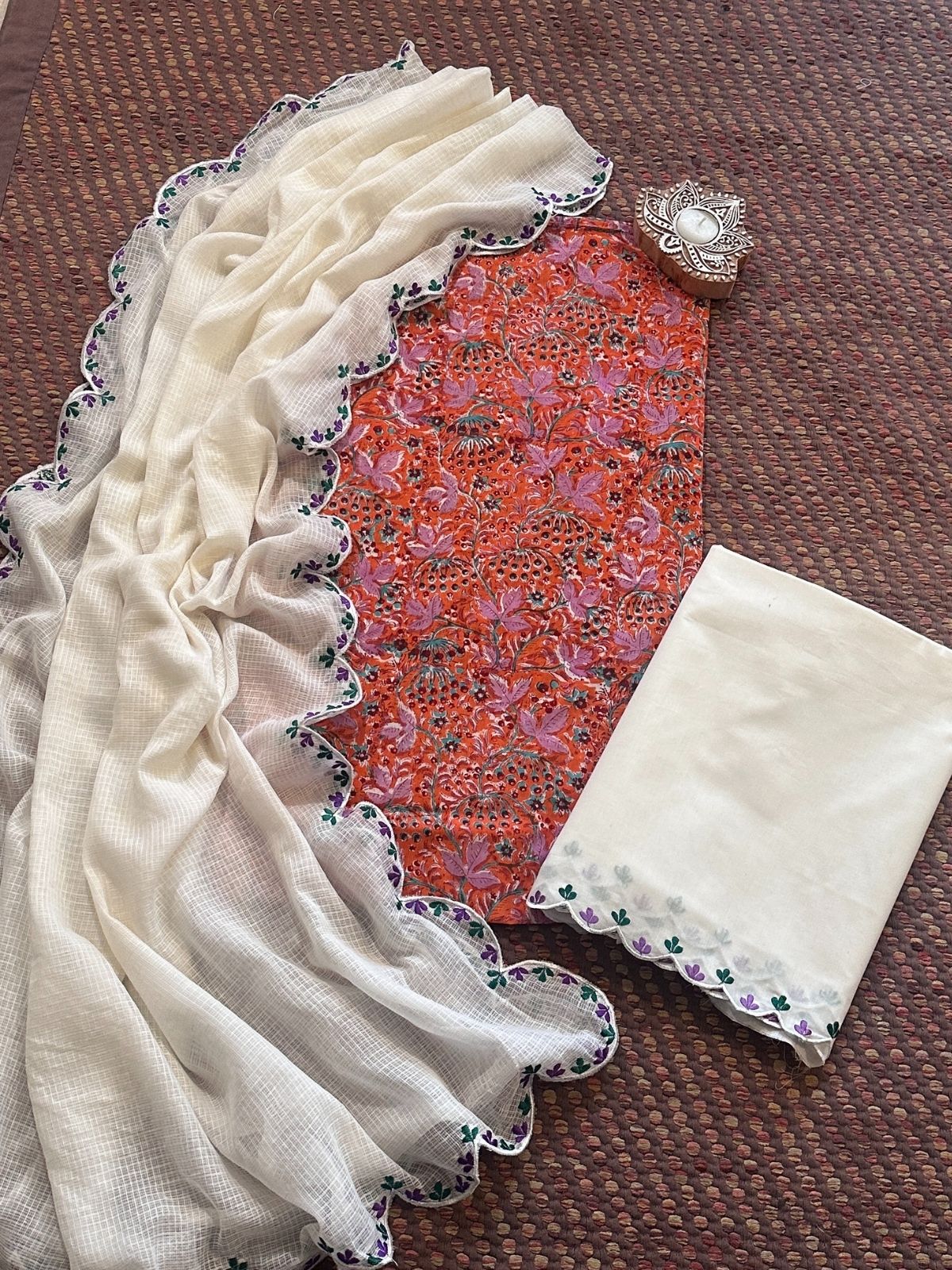 Pure Cotton Hand-block Fabric with Embroidered Bottom & Kota Doria Dupatta