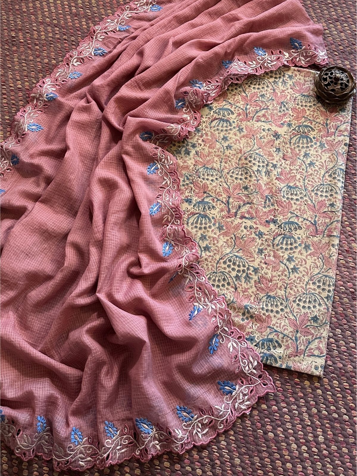 Pure Cotton Malmal Handblock Fabric with Cutwork Embroidered Dupatta