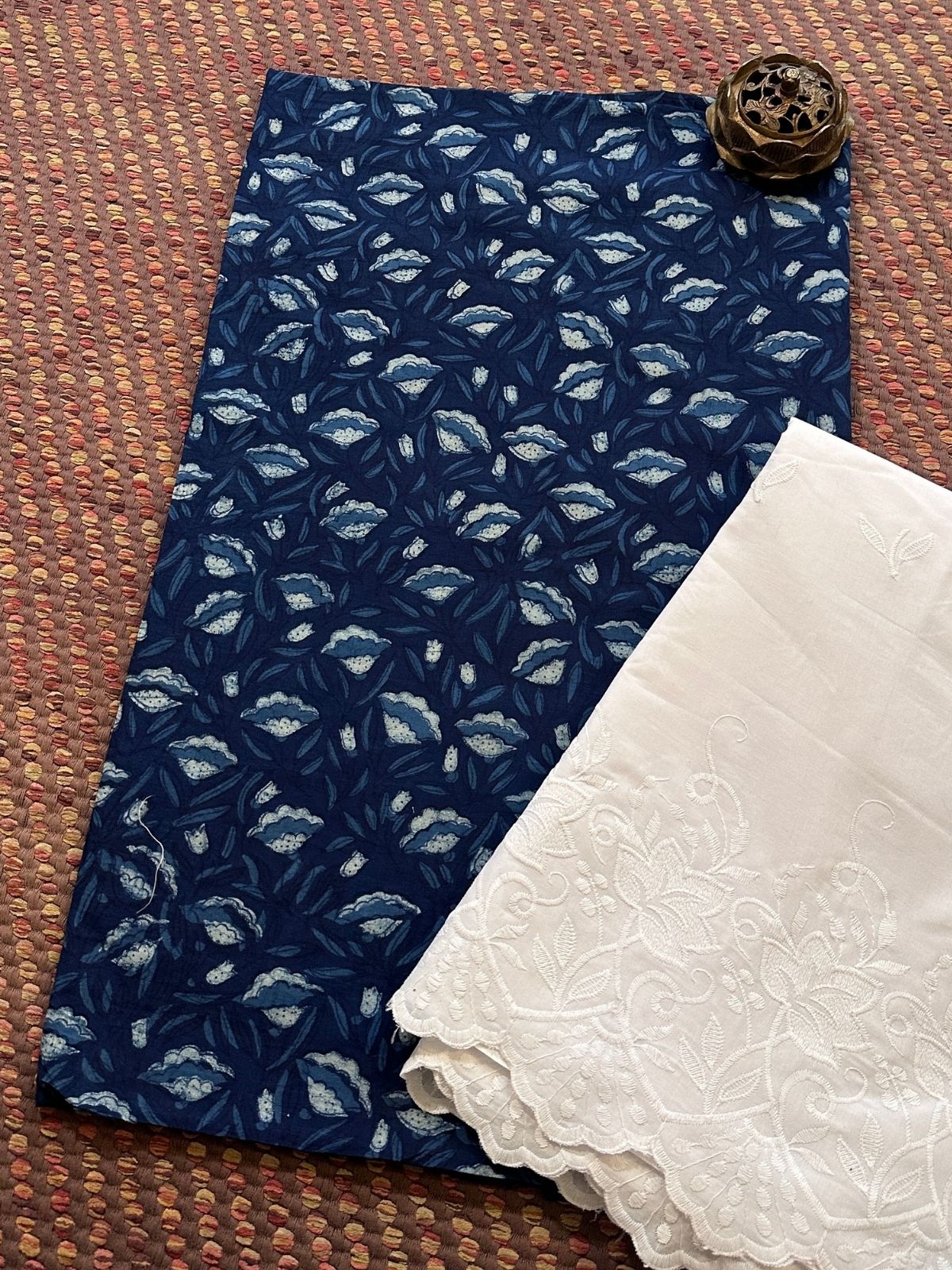 Pure Cotton Indigo Handblocked Fabric with Embroidered Bottom