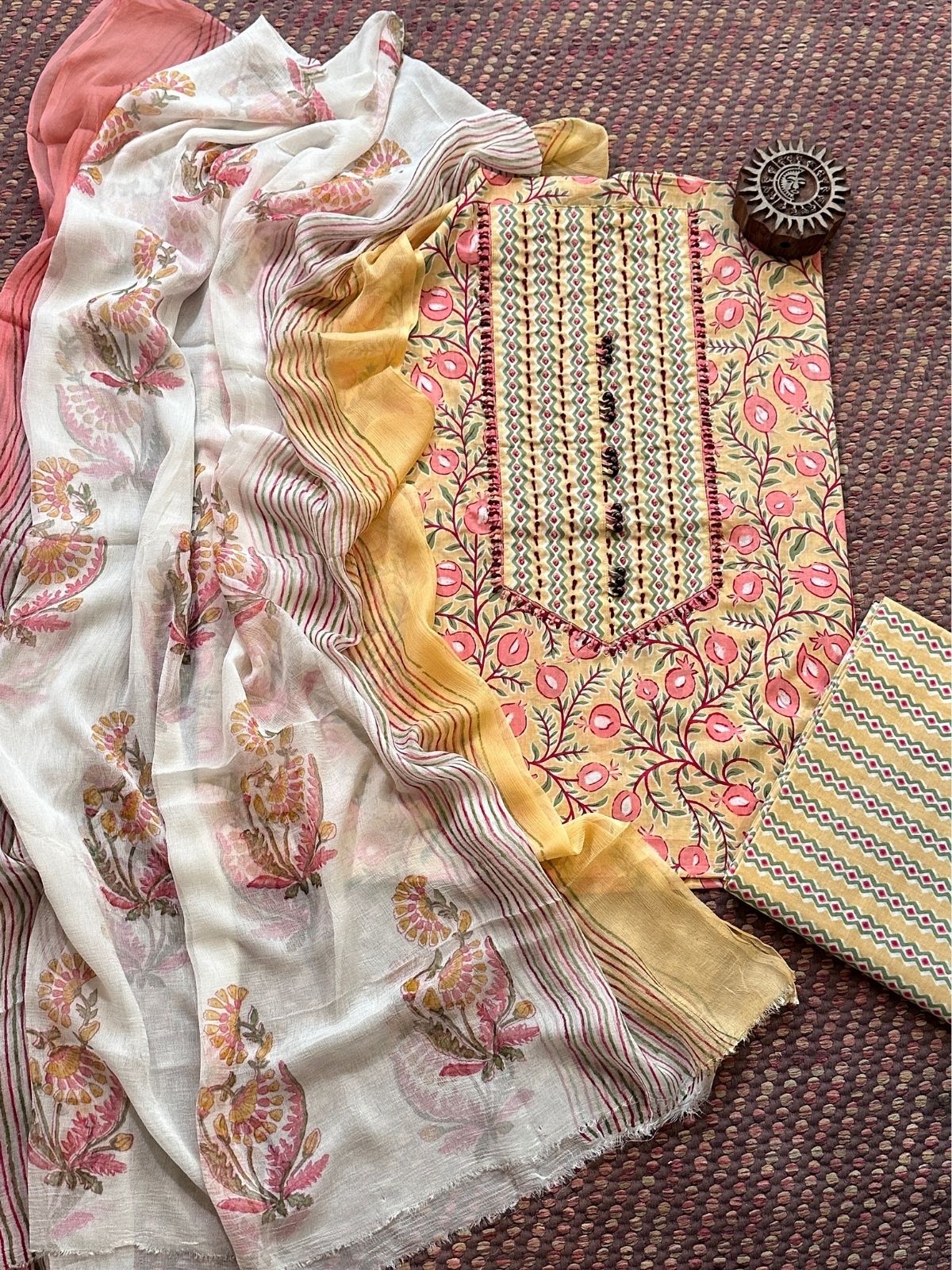 Pure Cotton Handblocked Unstitched Set with pure chiffon Dupatta
