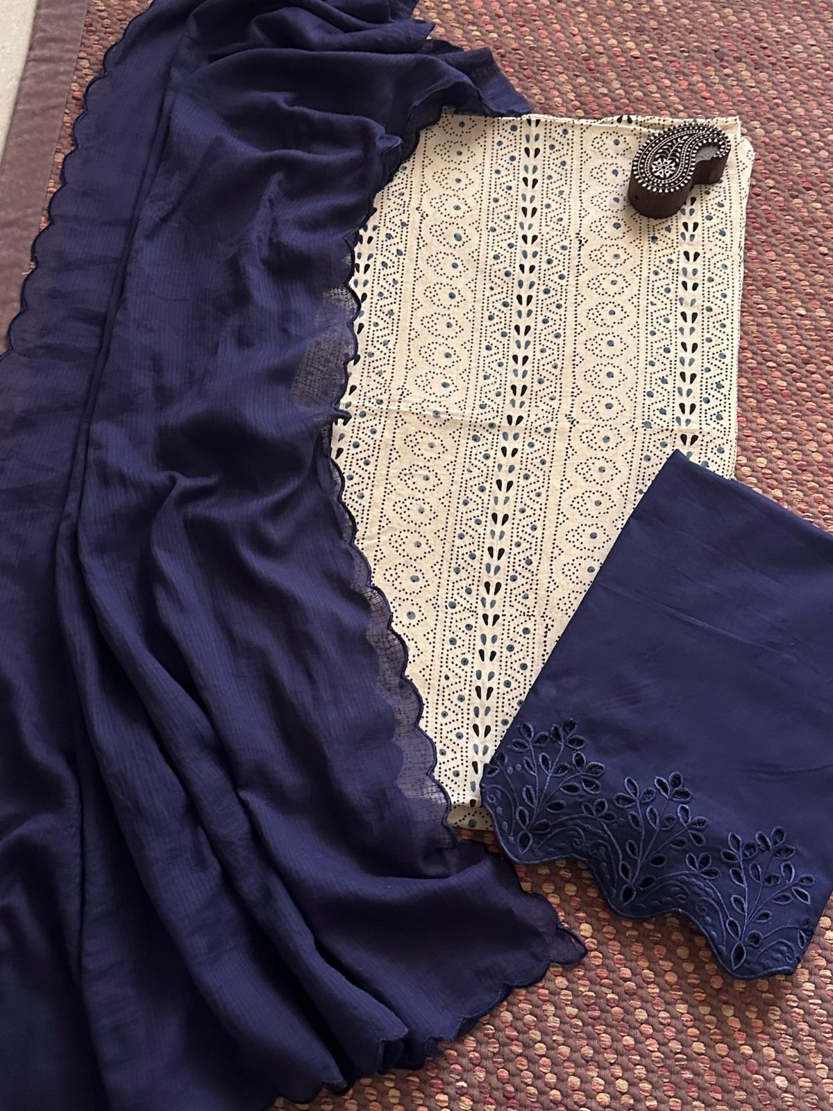 Pure Cotton Malmal  Ajrakh Fabric with Exclusive Cutwork Bottom & Kota Doria Dupatta