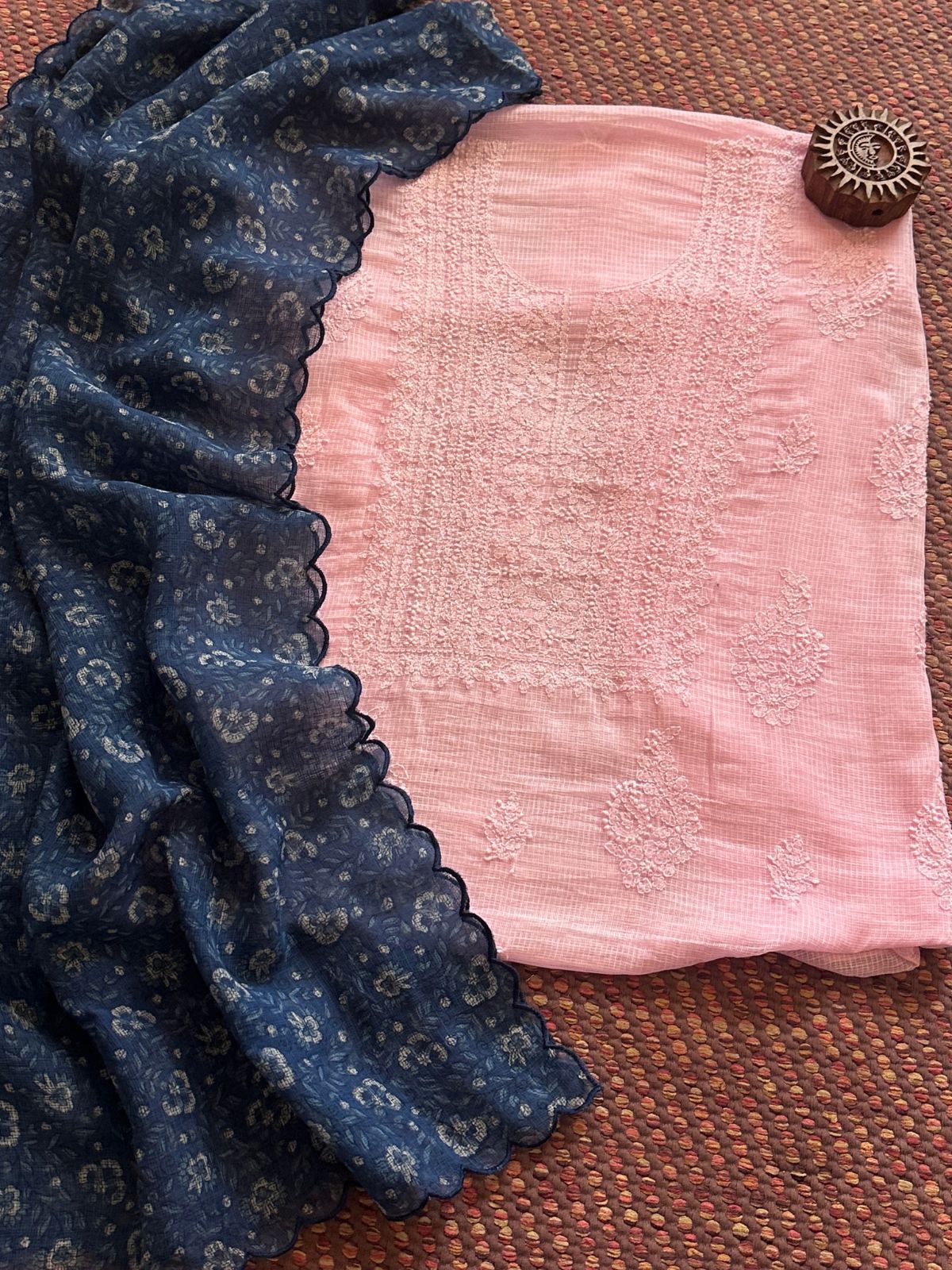 Chikankari Hand Embroidered Fabric with Indigo Hadblocked Kota Dupatta