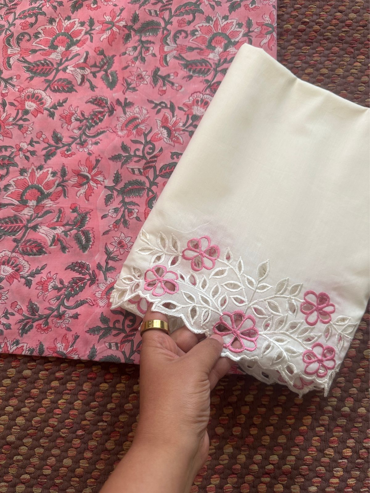 Pure Cotton fabric with Cutwork Bottom Unstitched Set
