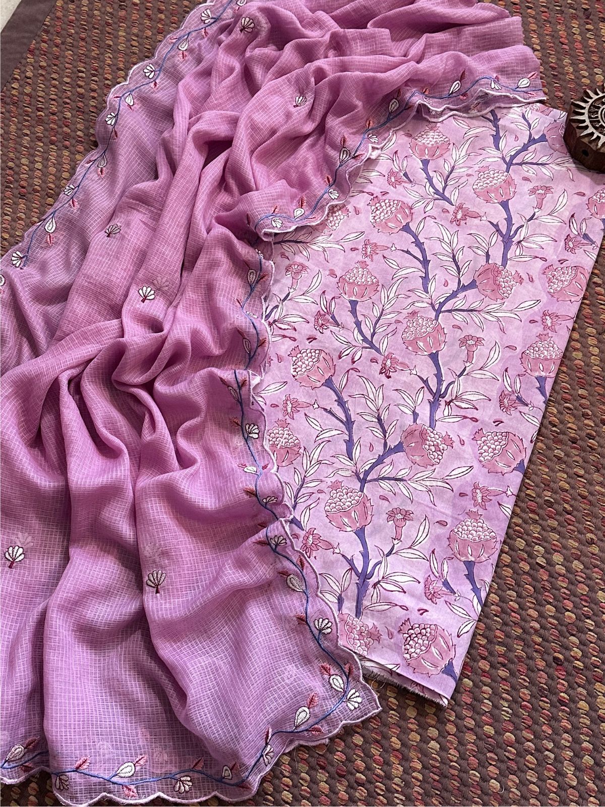 Pure Cotton Hand-blocked fabric set with Embroidered Dupatta