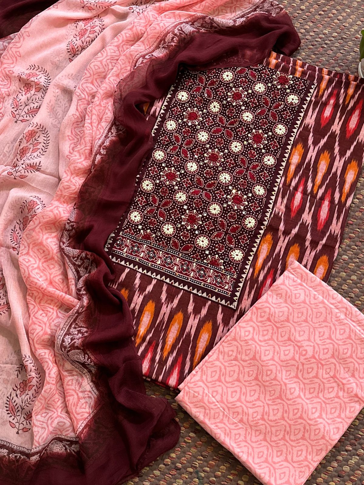 Pure Cotton Handblocked Unstitched Set with Chiffon Dupatta