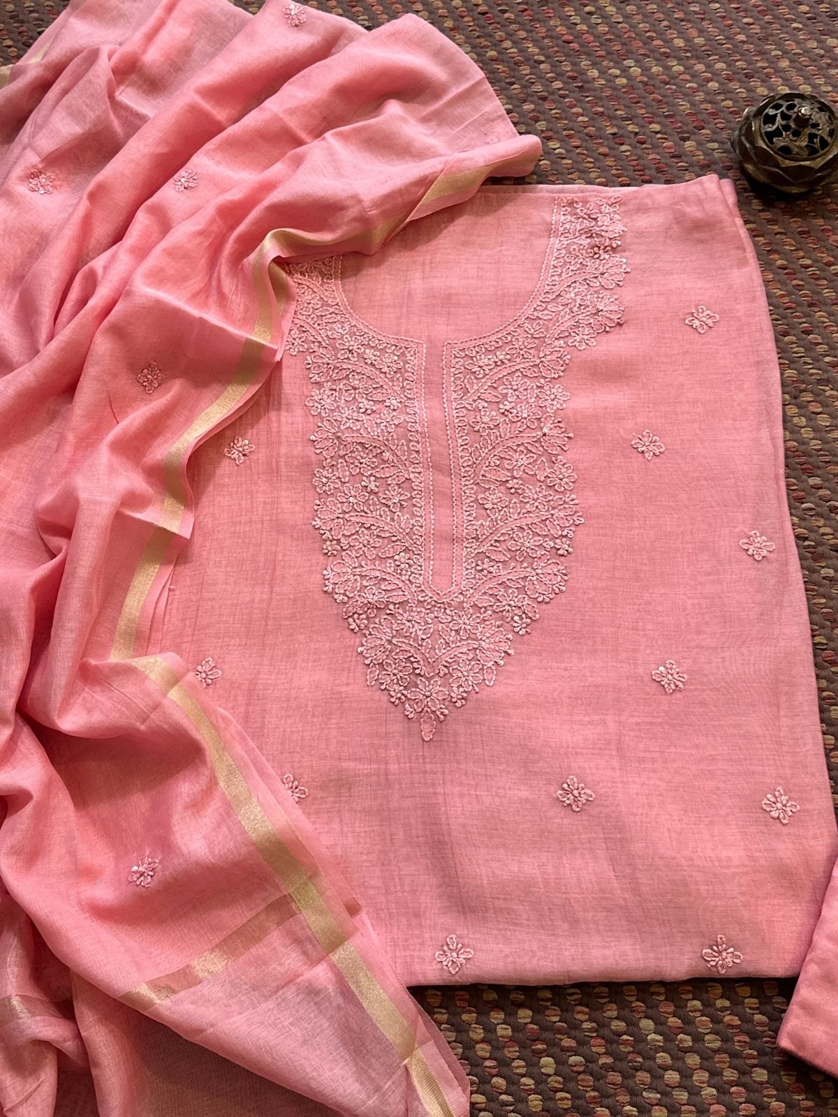 Premium Pastel Pink Shade Malmal Maheswari Chikankari Set