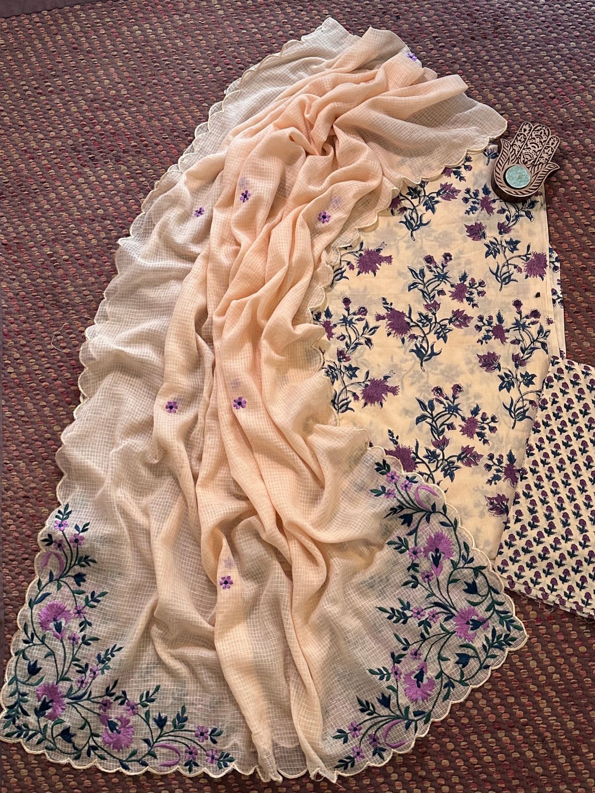 Pure Cotton Handblock Fabric Set with Embroidered Dupatta