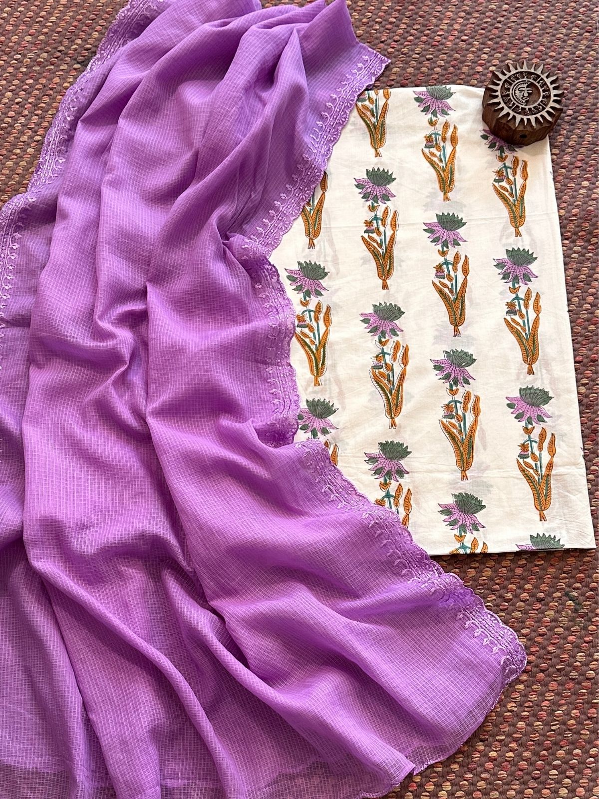 Pure Cotton Malmal Handblock Fabric with Embroidered Kota Dupatta