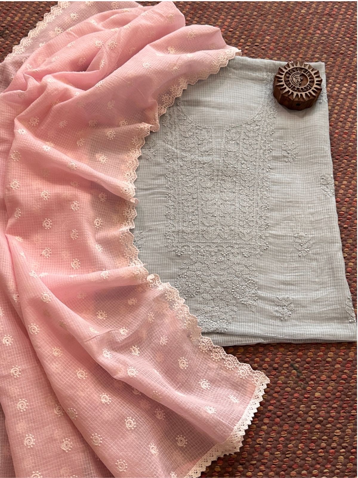 Chikankari Hand Embroidered Fabric with Embroidered Kota Dupatta