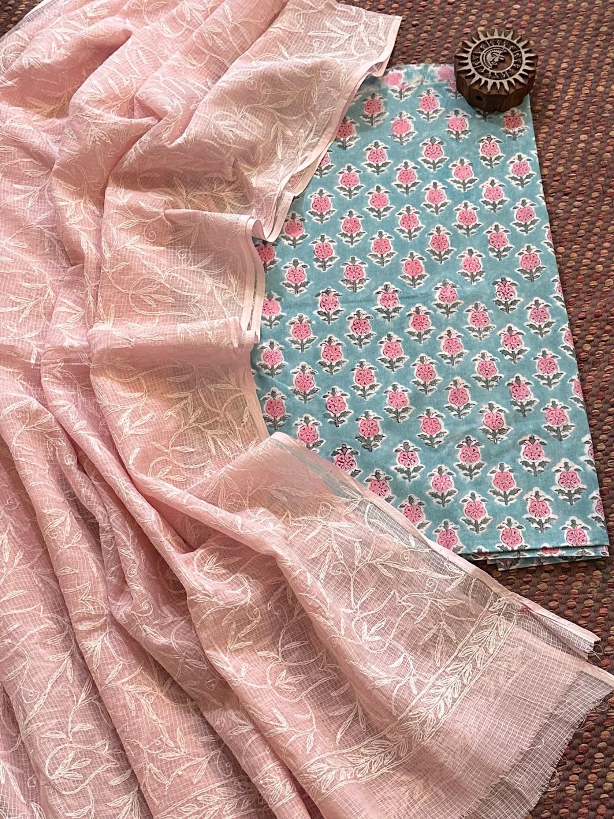 Pure Cotton Hand Blocked Fabric with Chikankari Dupatta