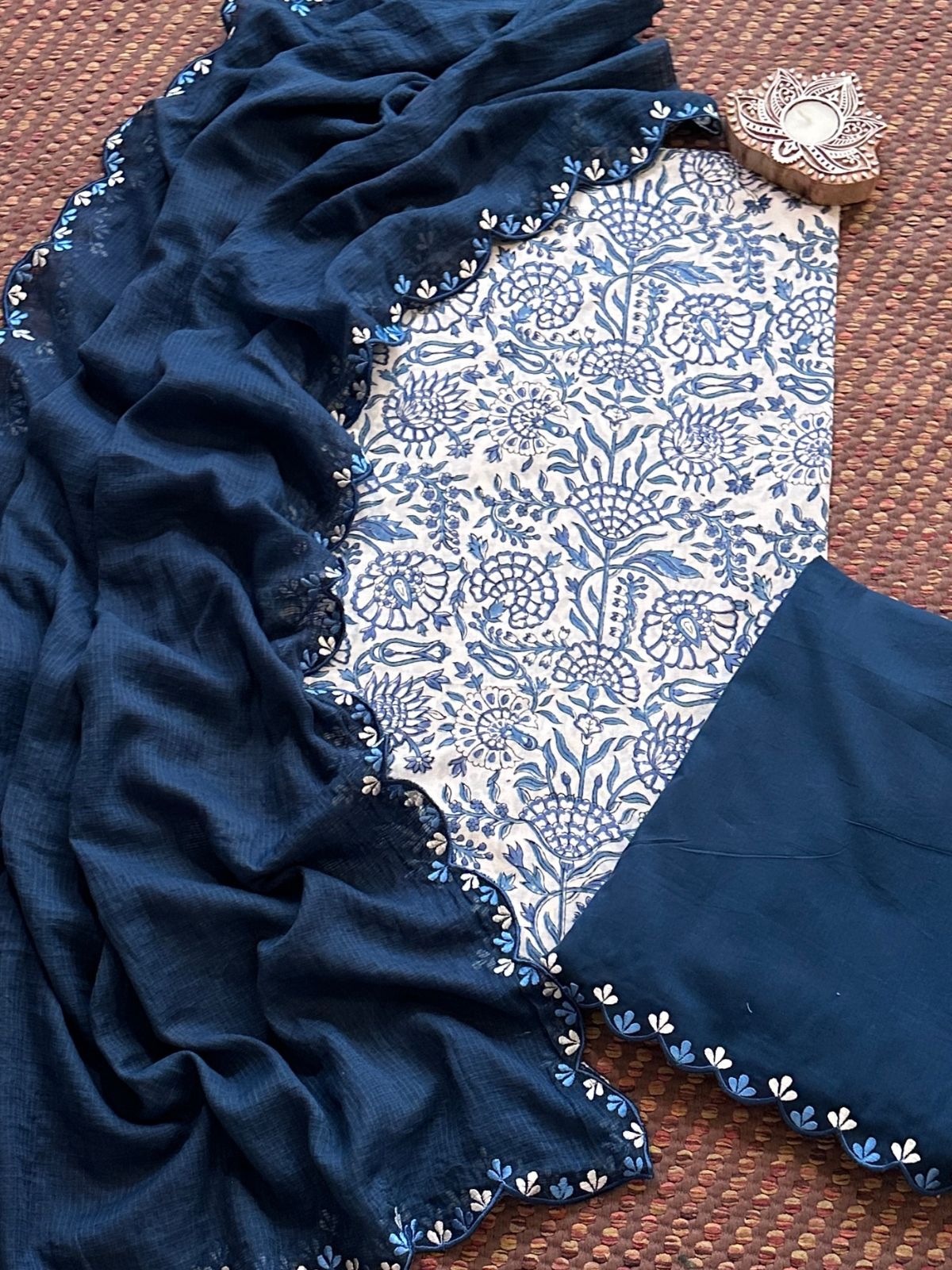 Pure Cotton Hand blocked Set with Embroidered Dupatta