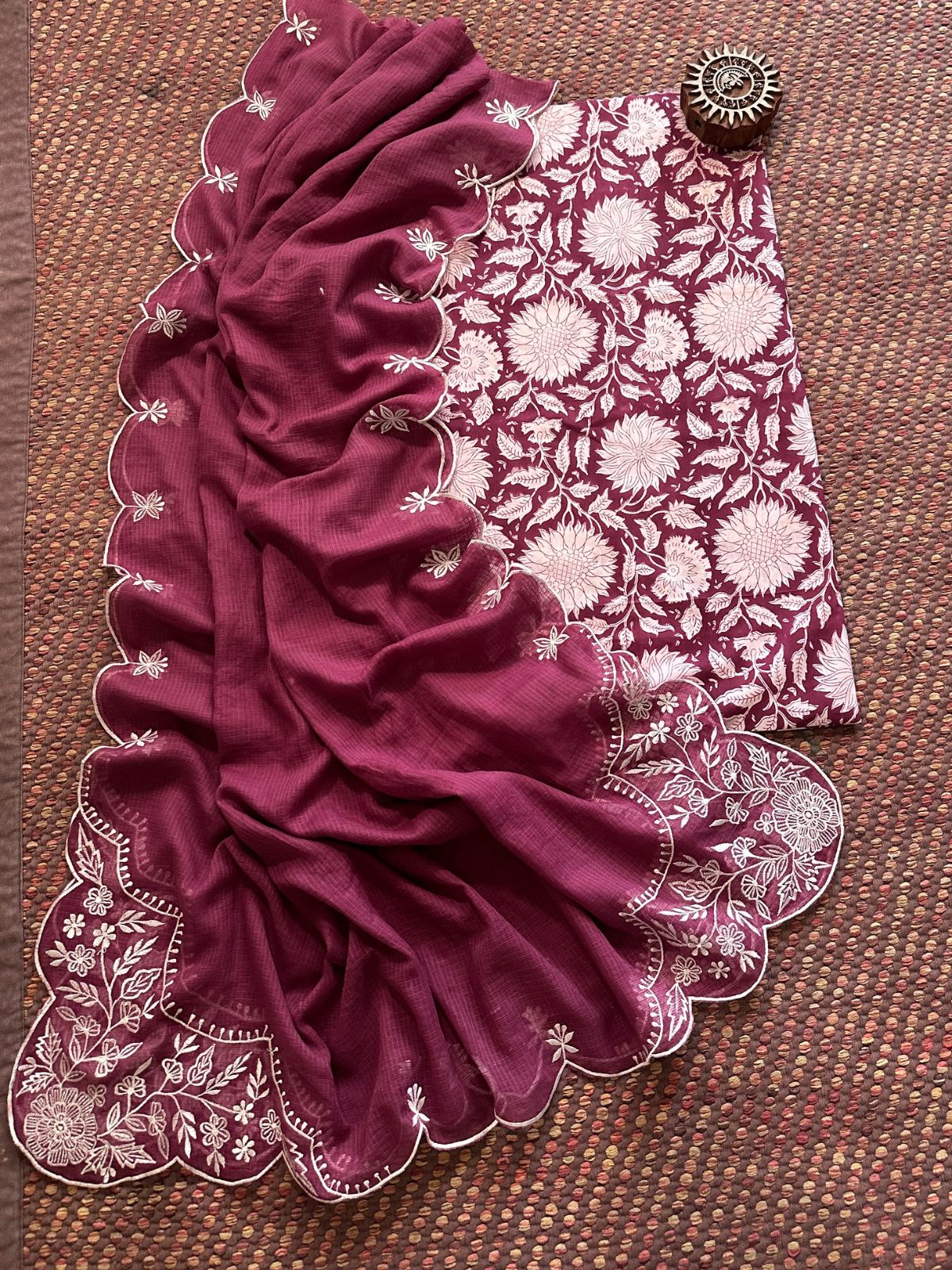 Pure Cotton Hand-blocked fabric set with Embroidered Dupatta