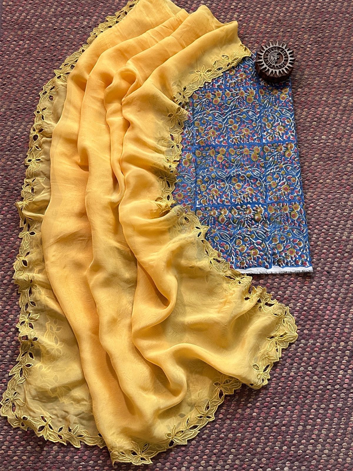 Pure Cotton Malmal Handblocked Fabric with Exclusive Cutwork Organza Dupatta