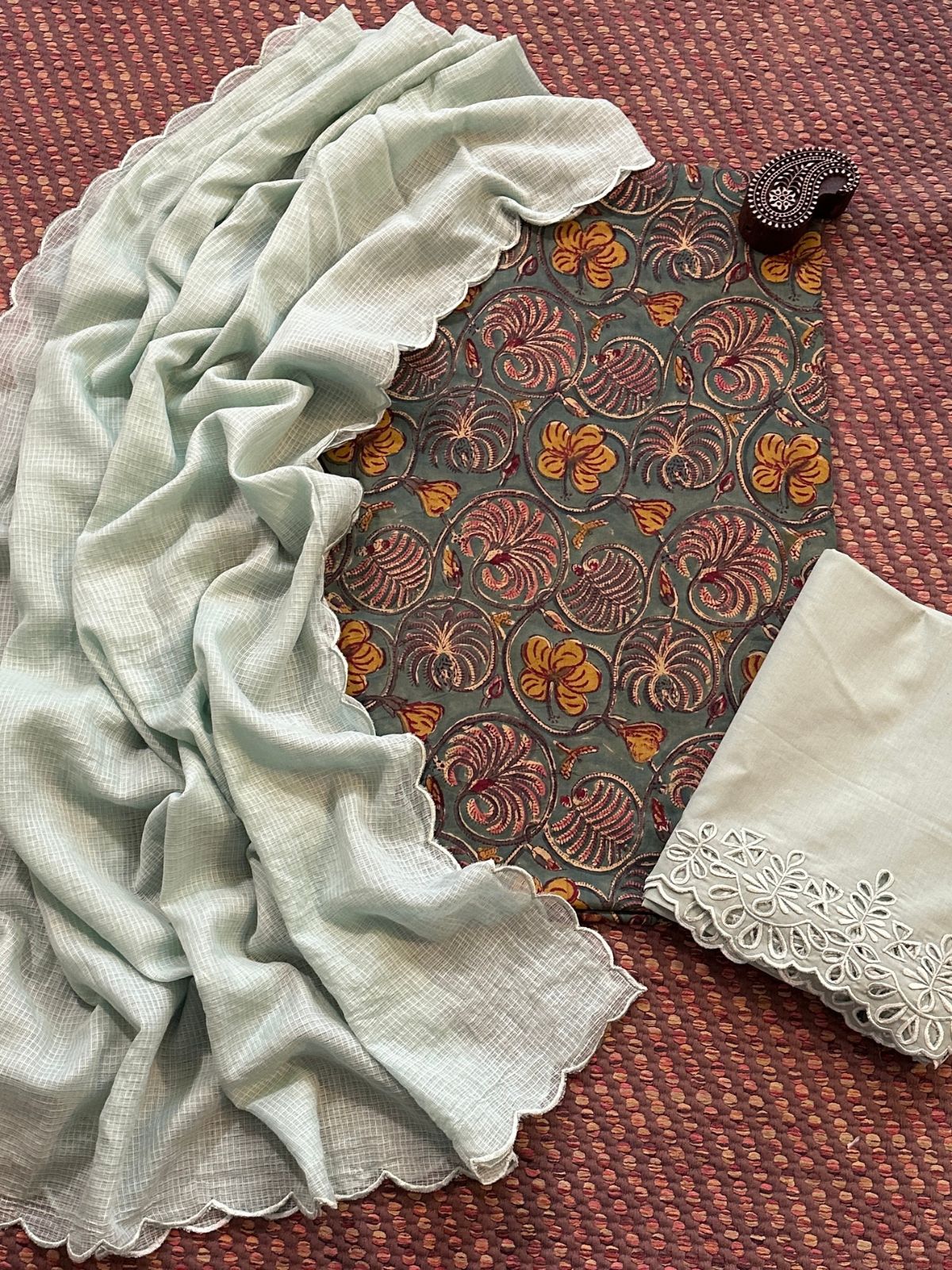 Pure Cotton Malmal Hand-blocked Fabric with Cutwork Bottom & Kota Doria Dupatta