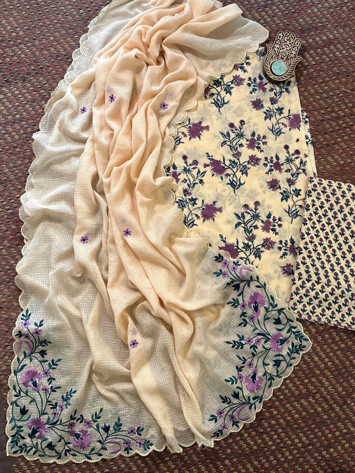 Pure Cotton Handblock Fabric Set with Embroidered Dupatta