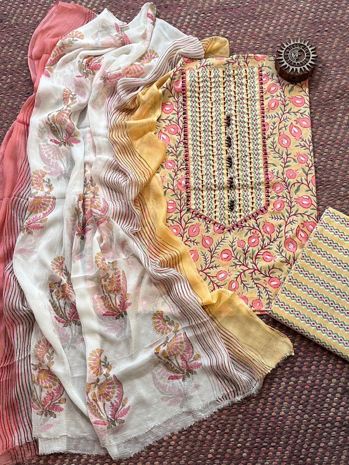 Pure Cotton Handblocked Unstitched Set with pure chiffon Dupatta