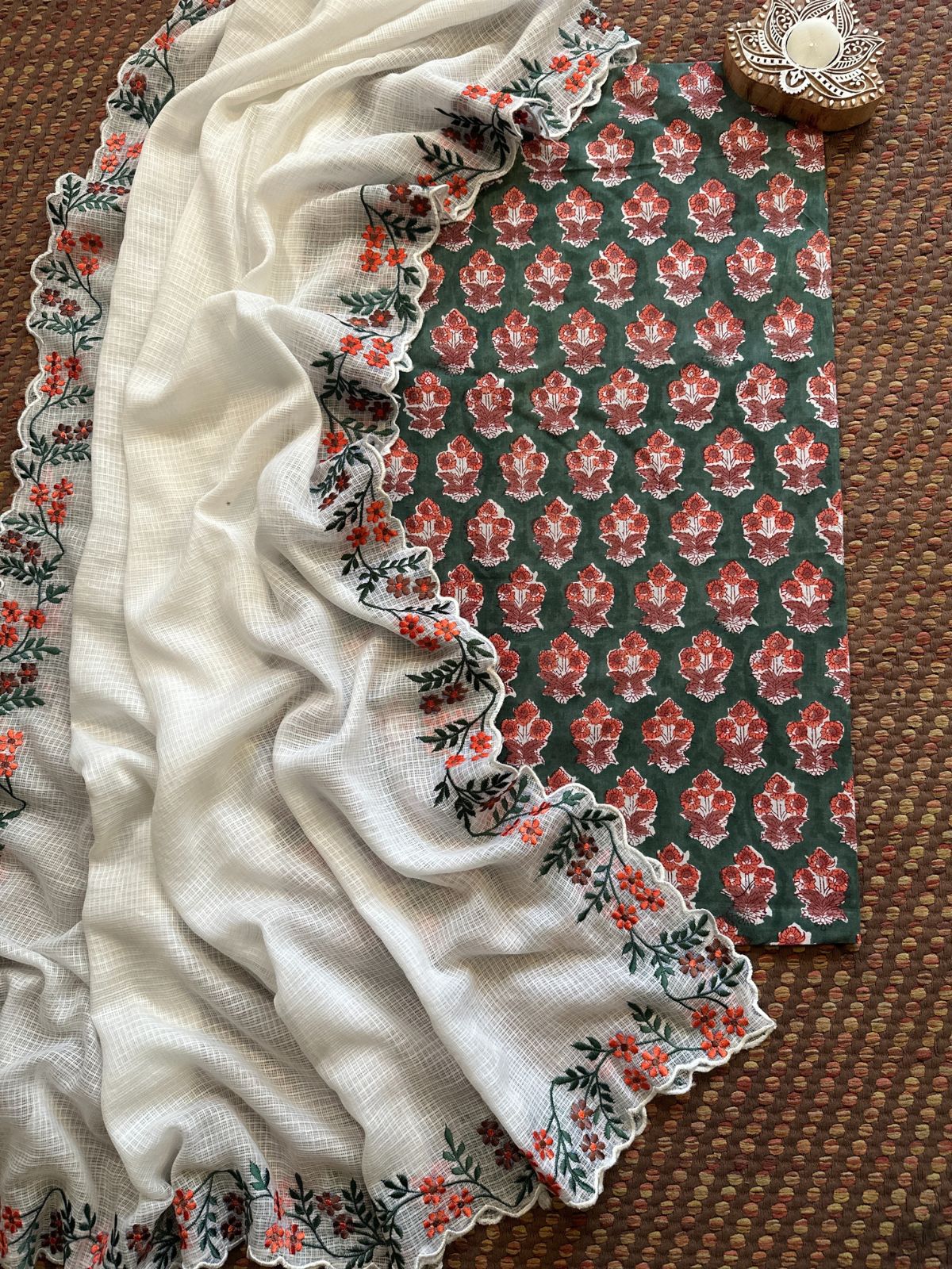 Pure Cotton Handblock Fabric with Exclusive Embroidered Dupatta