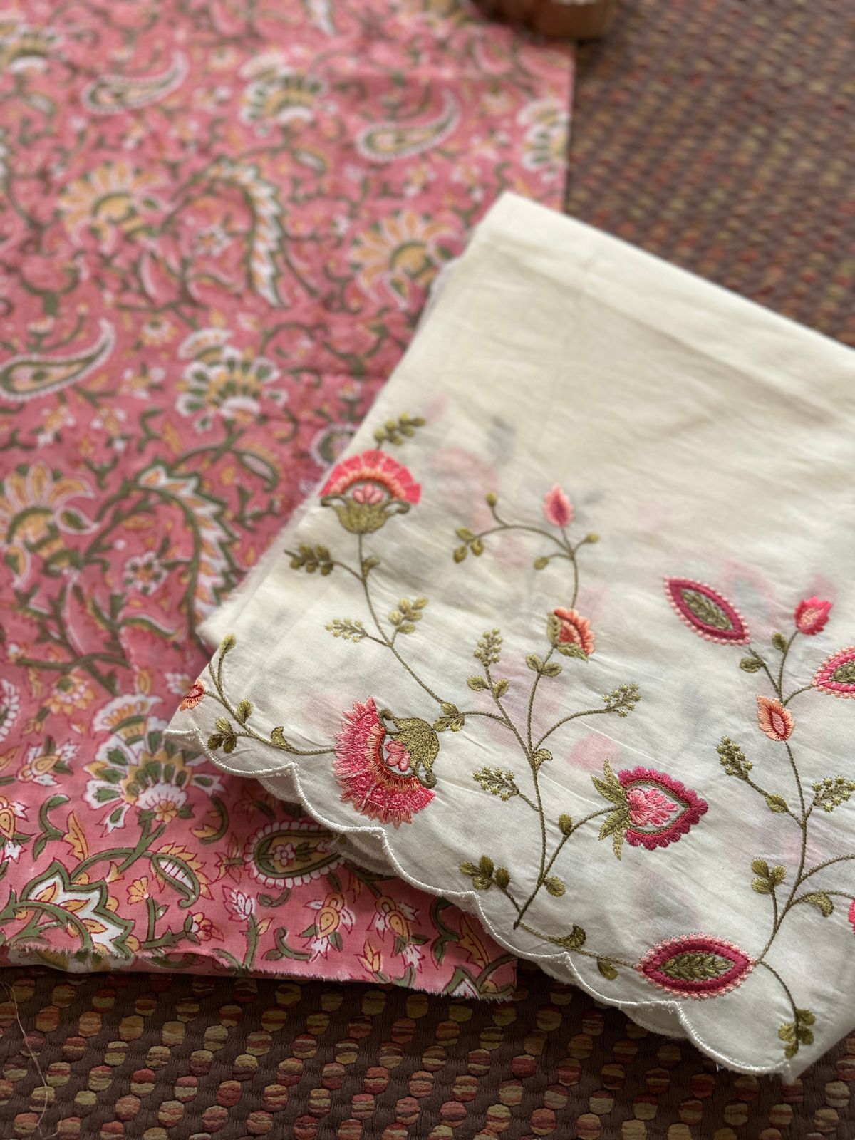 Pure Cotton Hand-blocked Fabric with Embroidered Bottom
