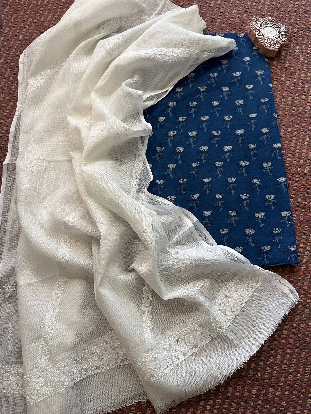 Cotton Indigo fabric with Chikankari Dupatta