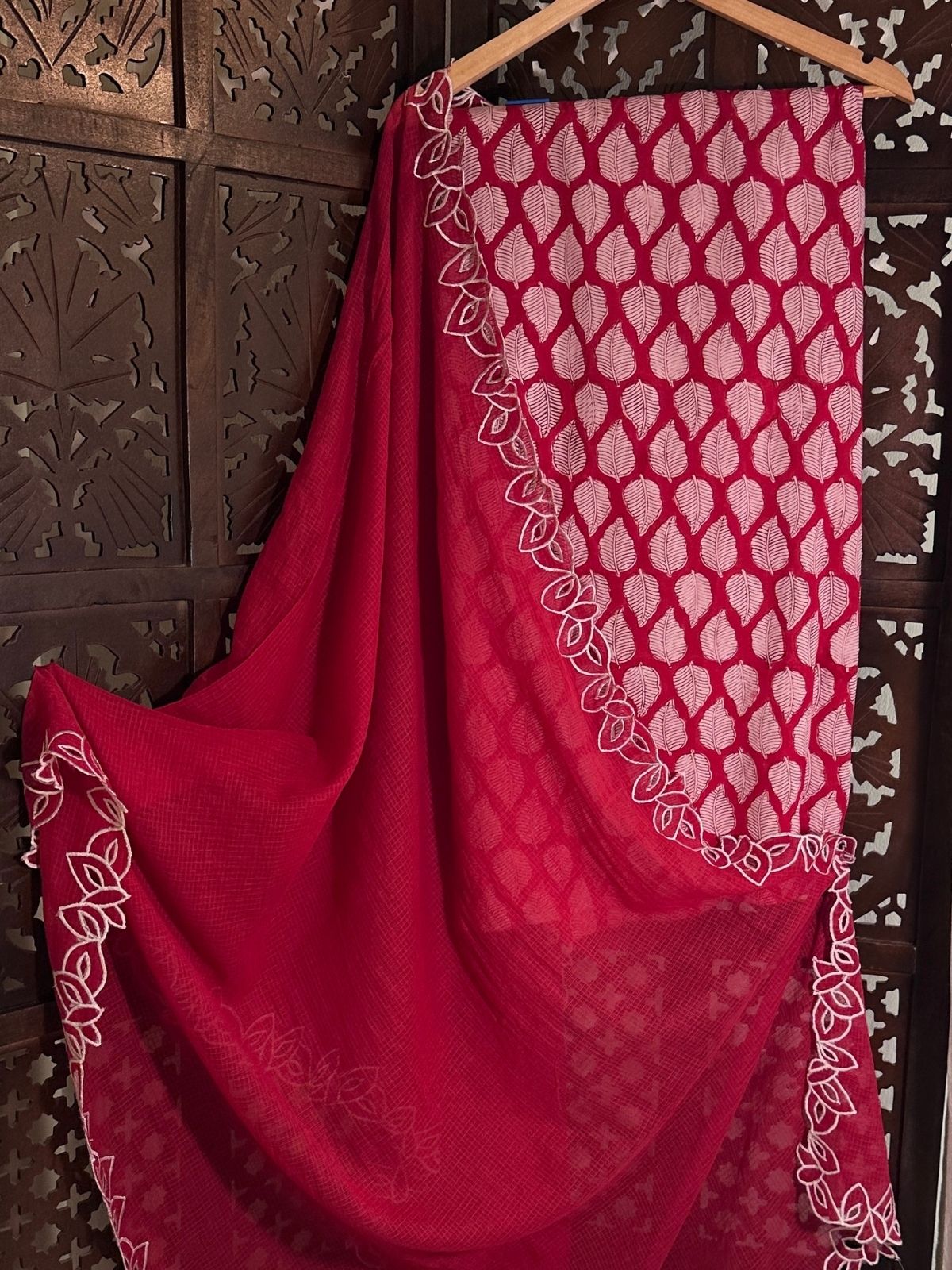 Pure Cotton Handblock Fabric with Cutwork Embroidered Dupatta
