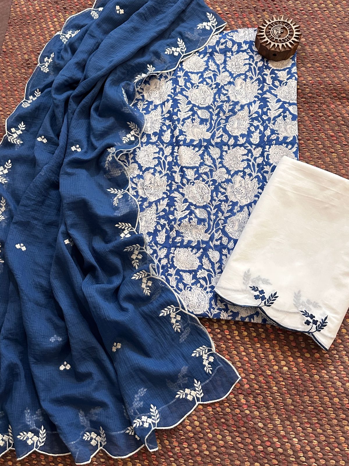 Pure Cotton Hand-block Fabric with Embroidered Bottom & Kota Doria Dupatta
