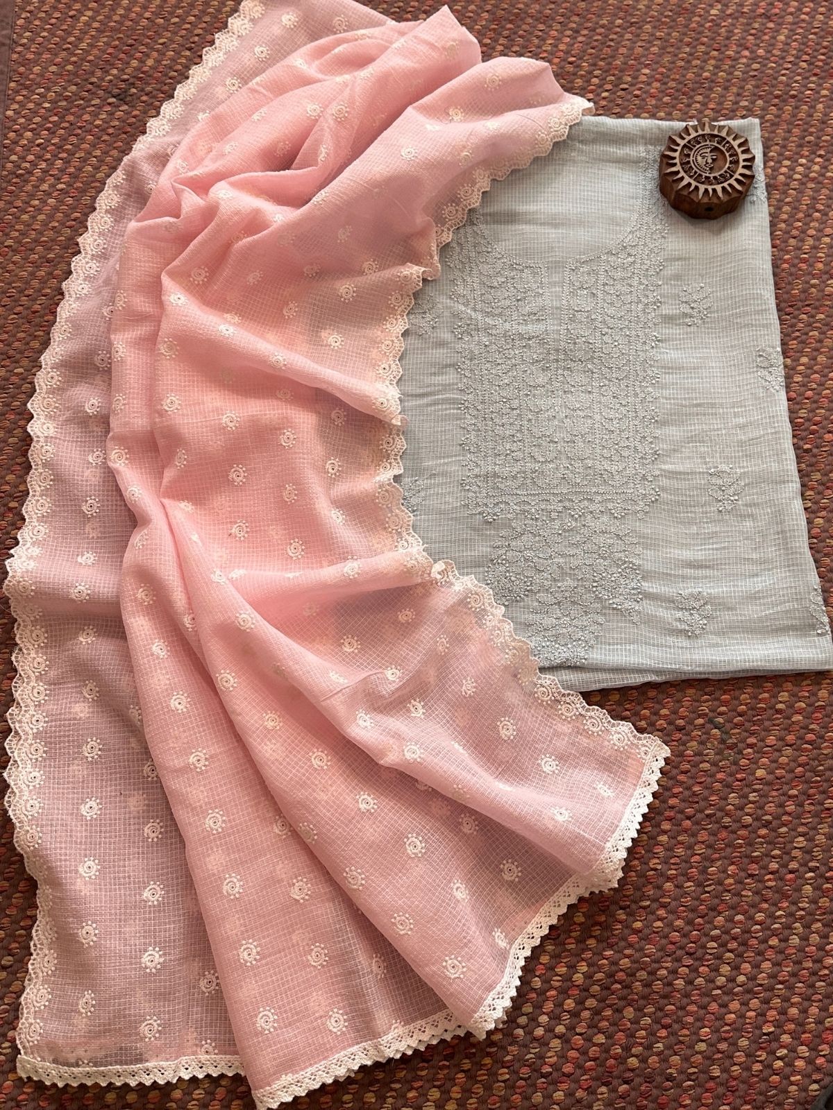 Chikankari Hand Embroidered Fabric with Embroidered Kota Dupatta