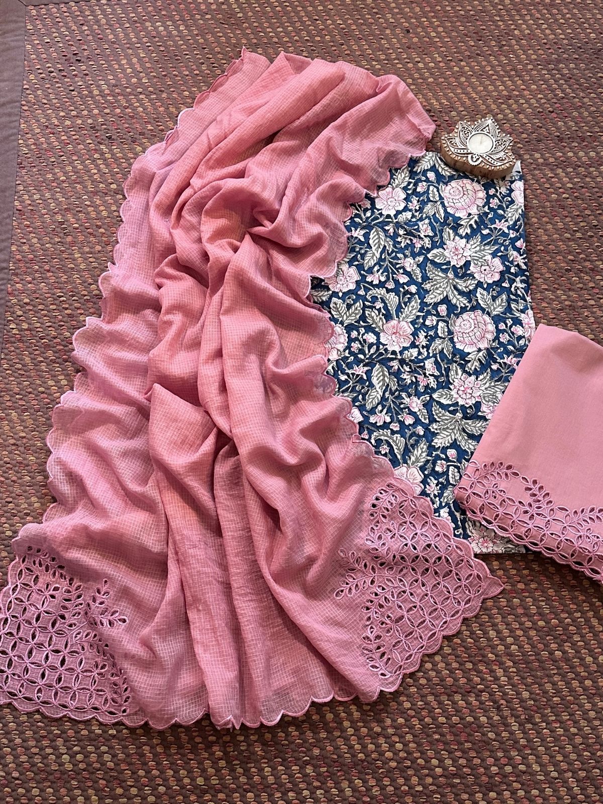 Pure Cotton Hand-blocked Fabric with Cutwork Bottom & Kota Doria Dupatta