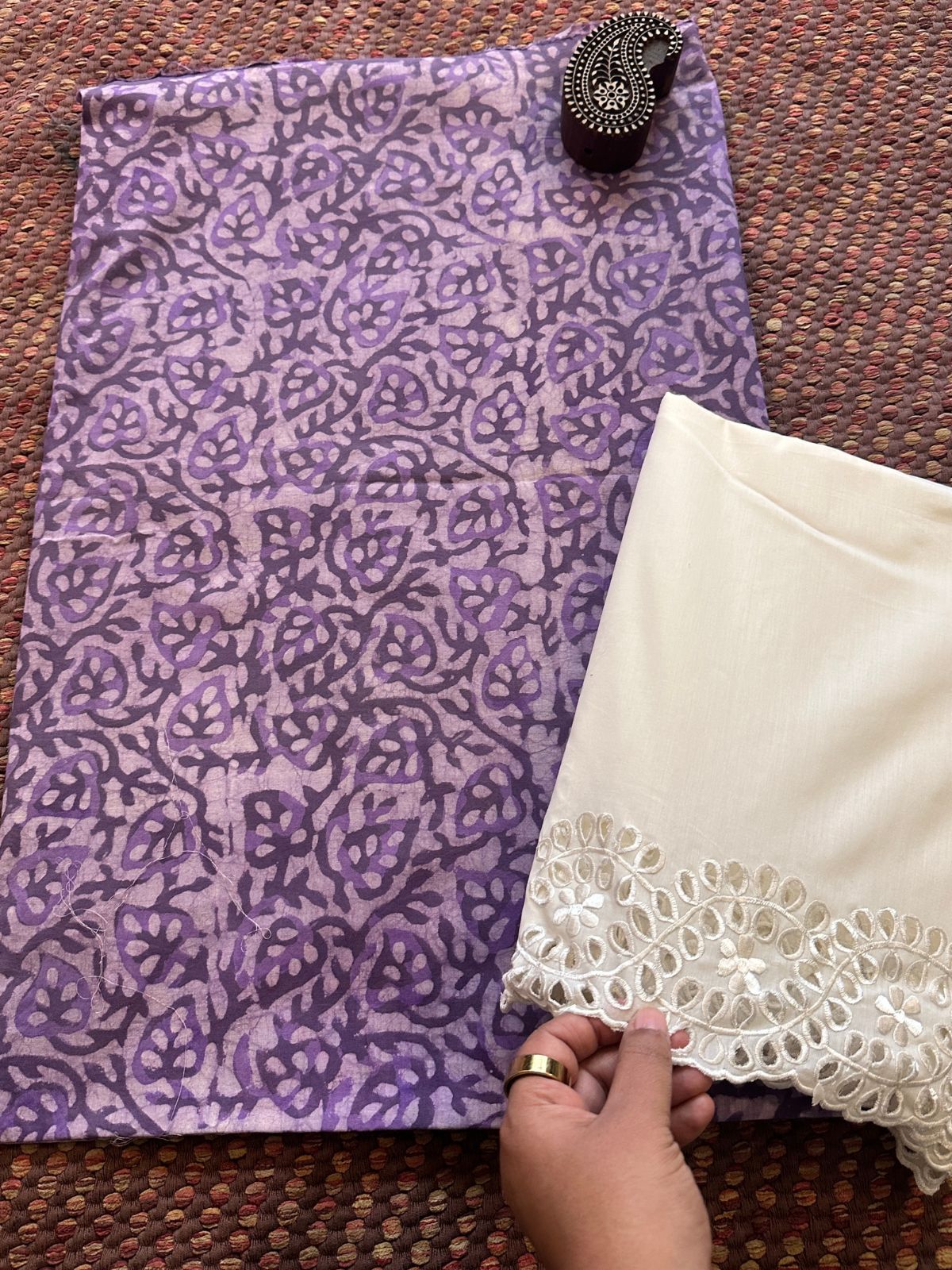 Pure cotton Hand-blocked fabric with  Cutwork Bottom