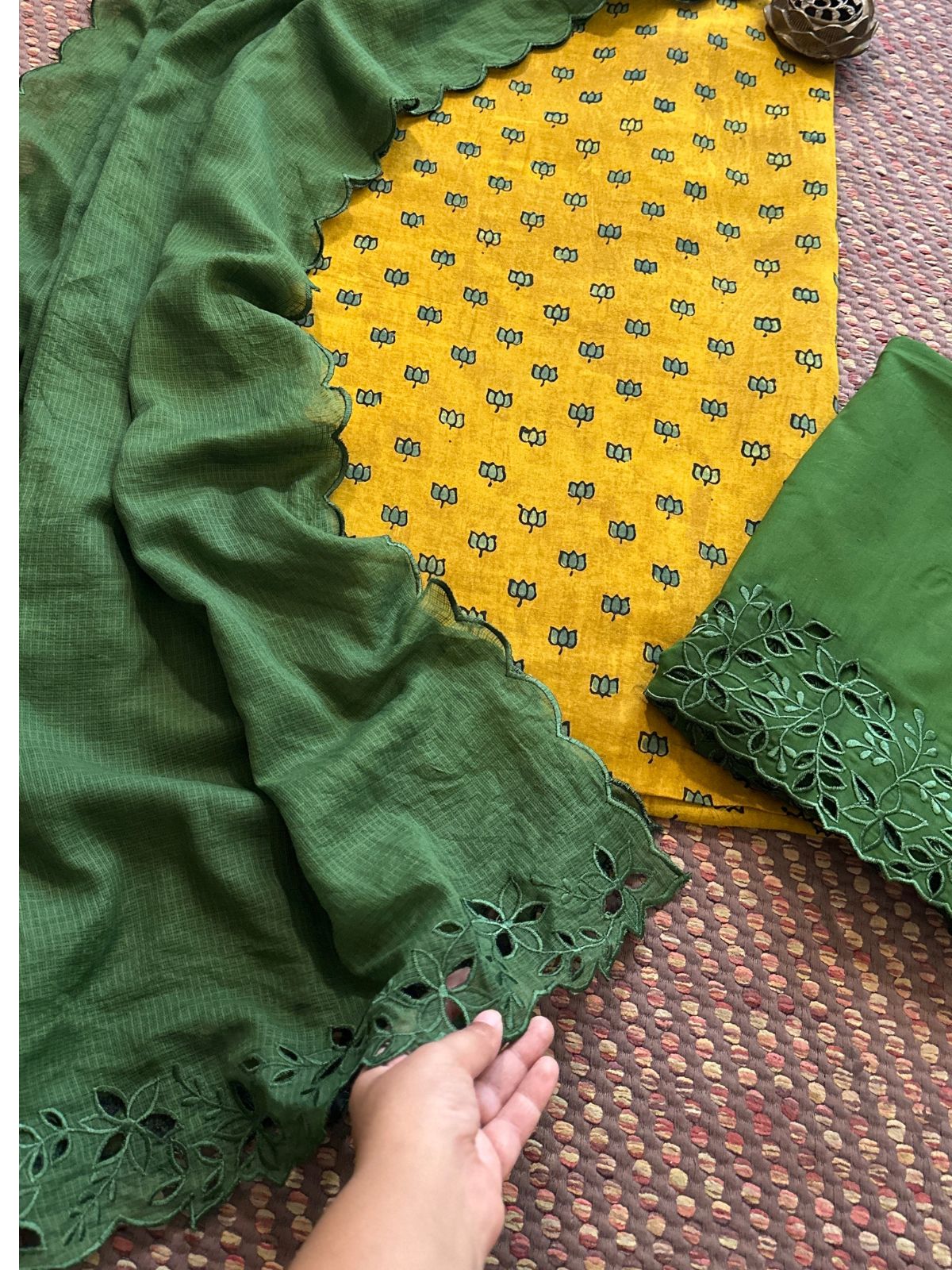 Pure Cotton Malmal  Hand-blocked Ajrak Fabric with Cutwork Bottom & Kota Doria Dupatta