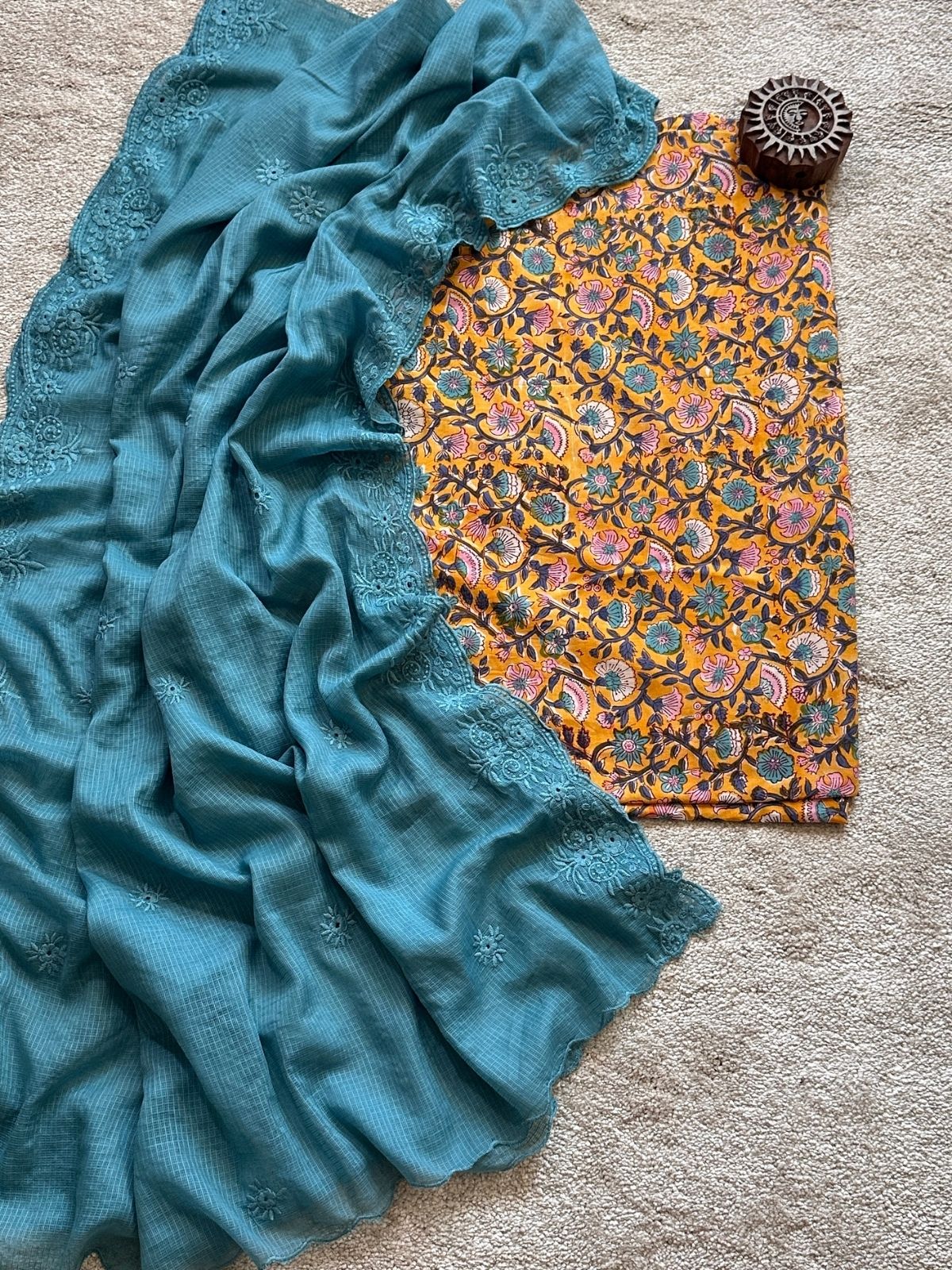 Kesari Set- Hand-block Fabric with Embroidered Dupatta