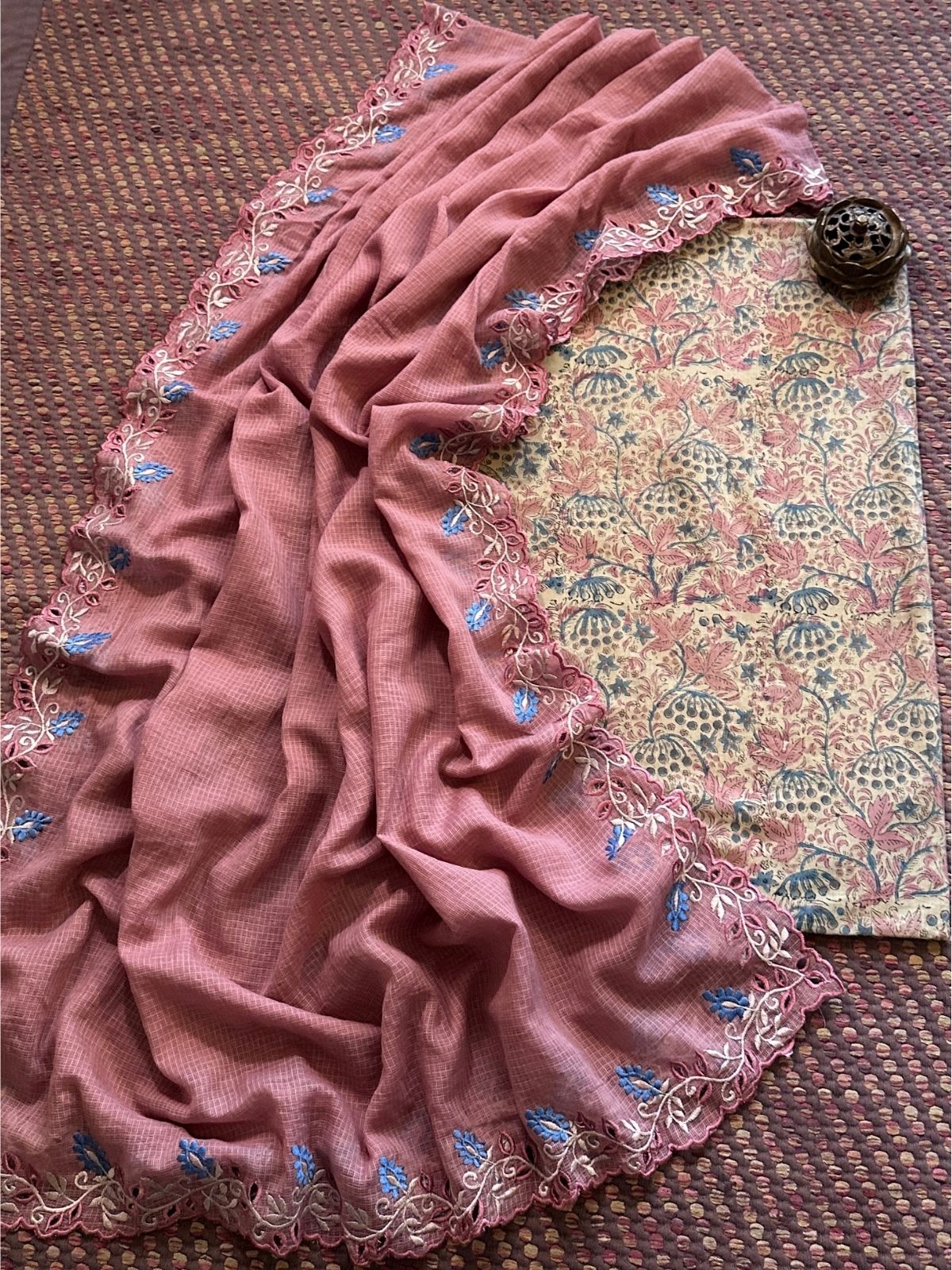 Pure Cotton Malmal Handblock Fabric with Cutwork Embroidered Dupatta