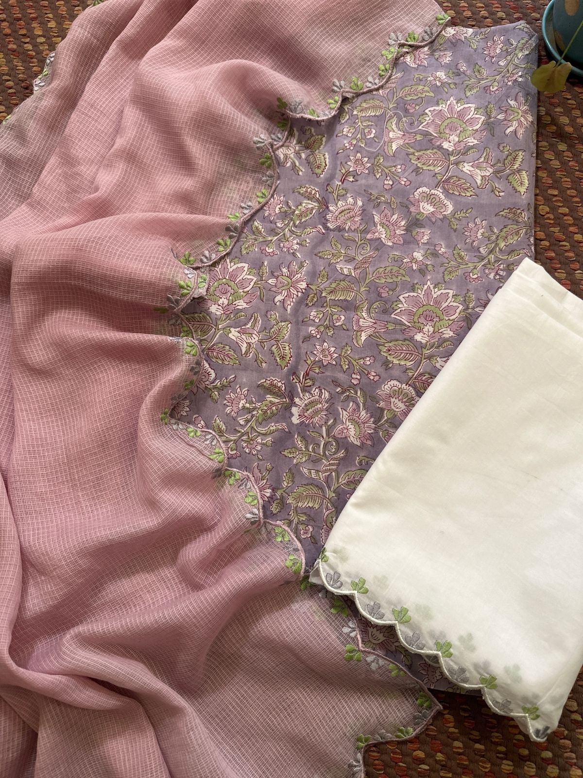 Pure Cotton Hand-block Fabric with Exclusive Embroidered Bottom & Kota Doria Dupatta