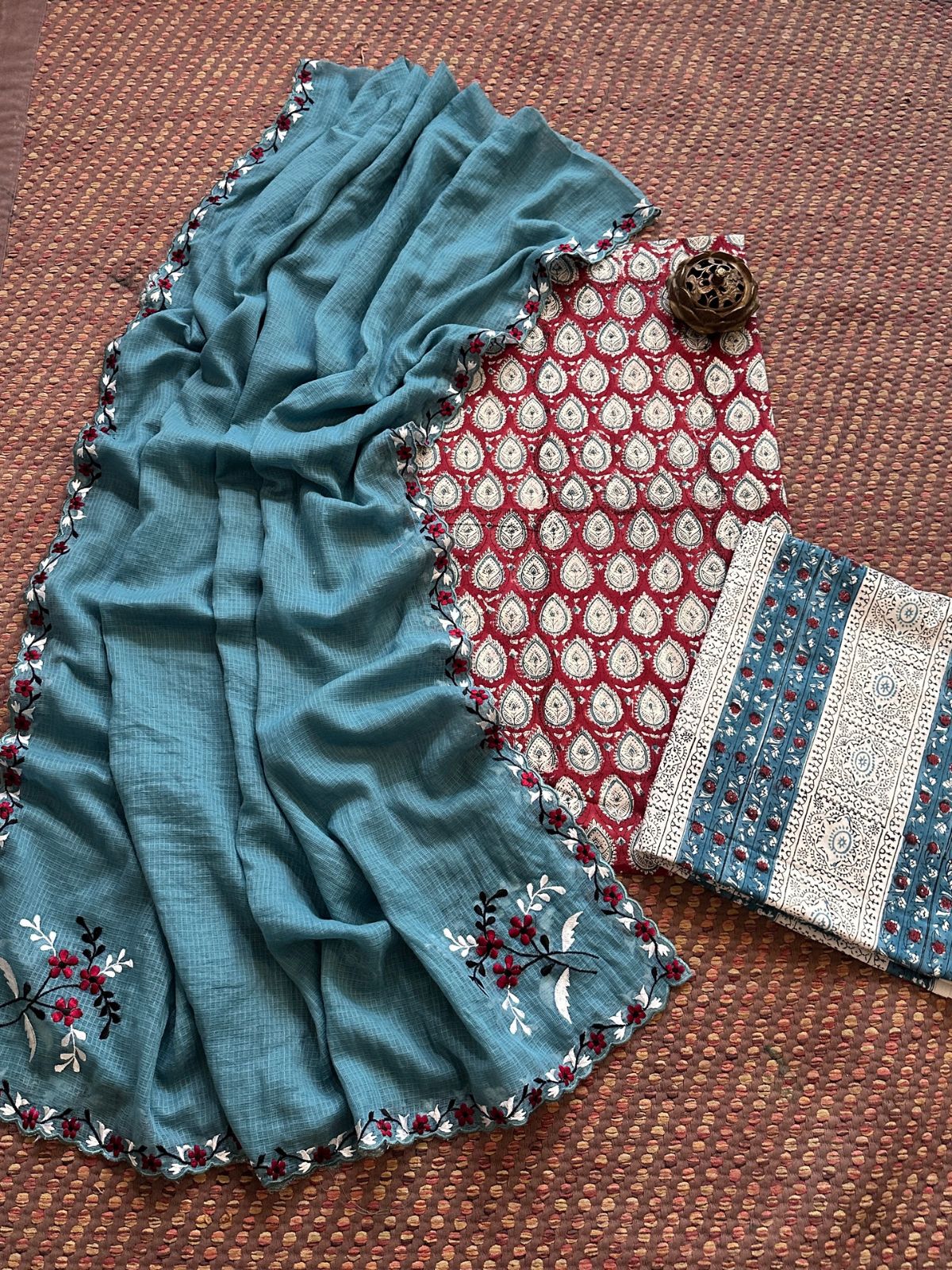 Pure Cotton  Hand blocked Set with Embroidered Dupatta