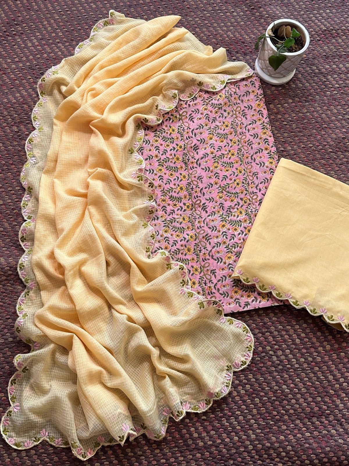 Pure Cotton Hand-block Fabric with Embroidered Bottom & Kota Doria Dupatta