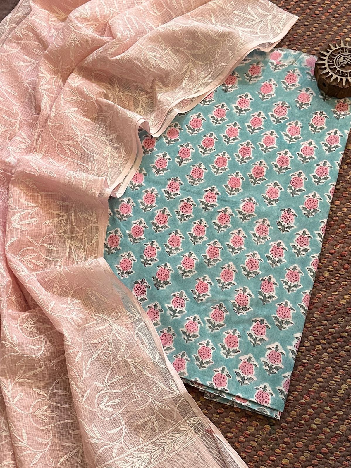 Pure Cotton Hand Blocked Fabric with Chikankari Dupatta