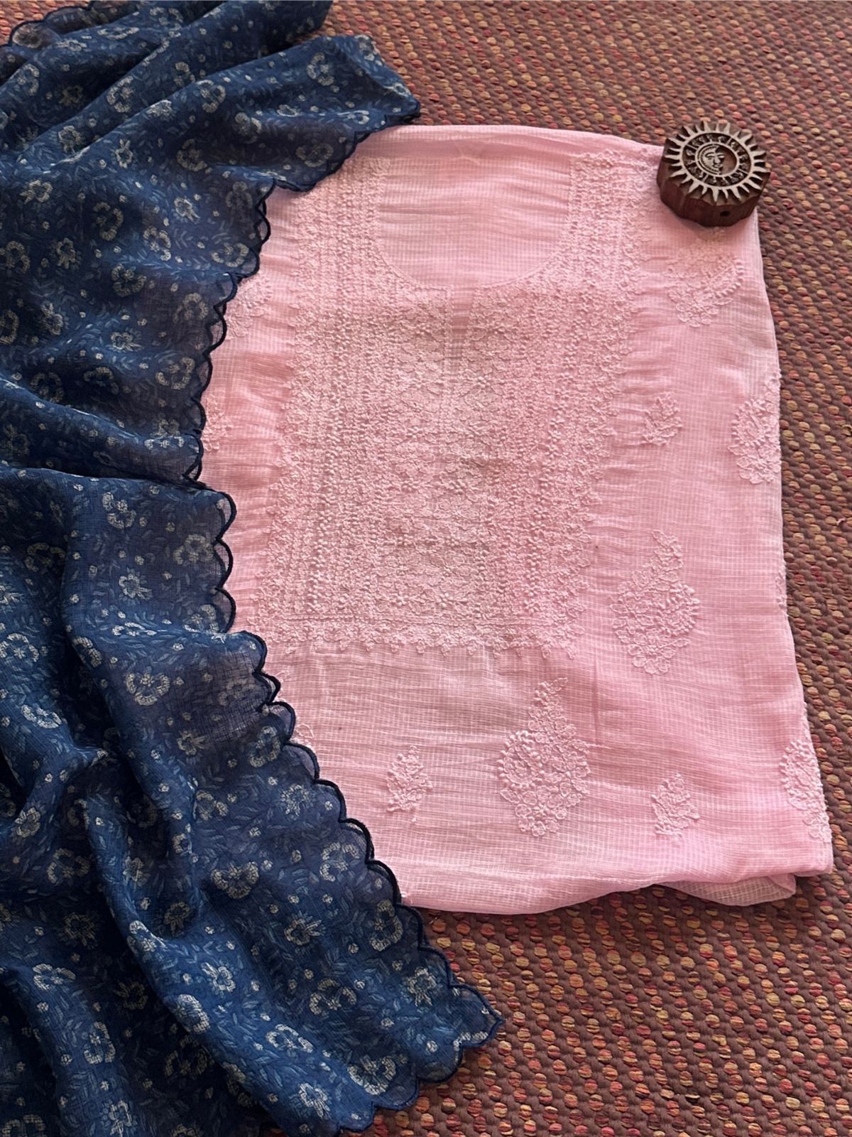 Chikankari Hand Embroidered Fabric with Indigo Hadblocked Kota Dupatta