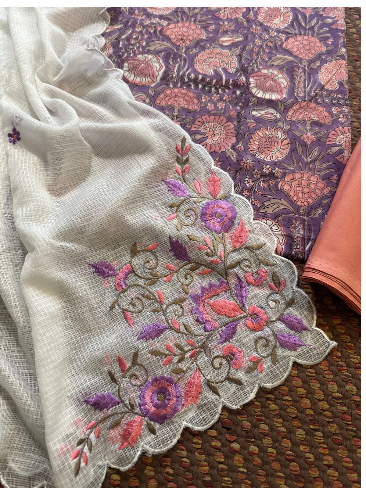 Pure Cotton Hand-block Fabric with Embroidered Bottom & Kota Doria Dupatta