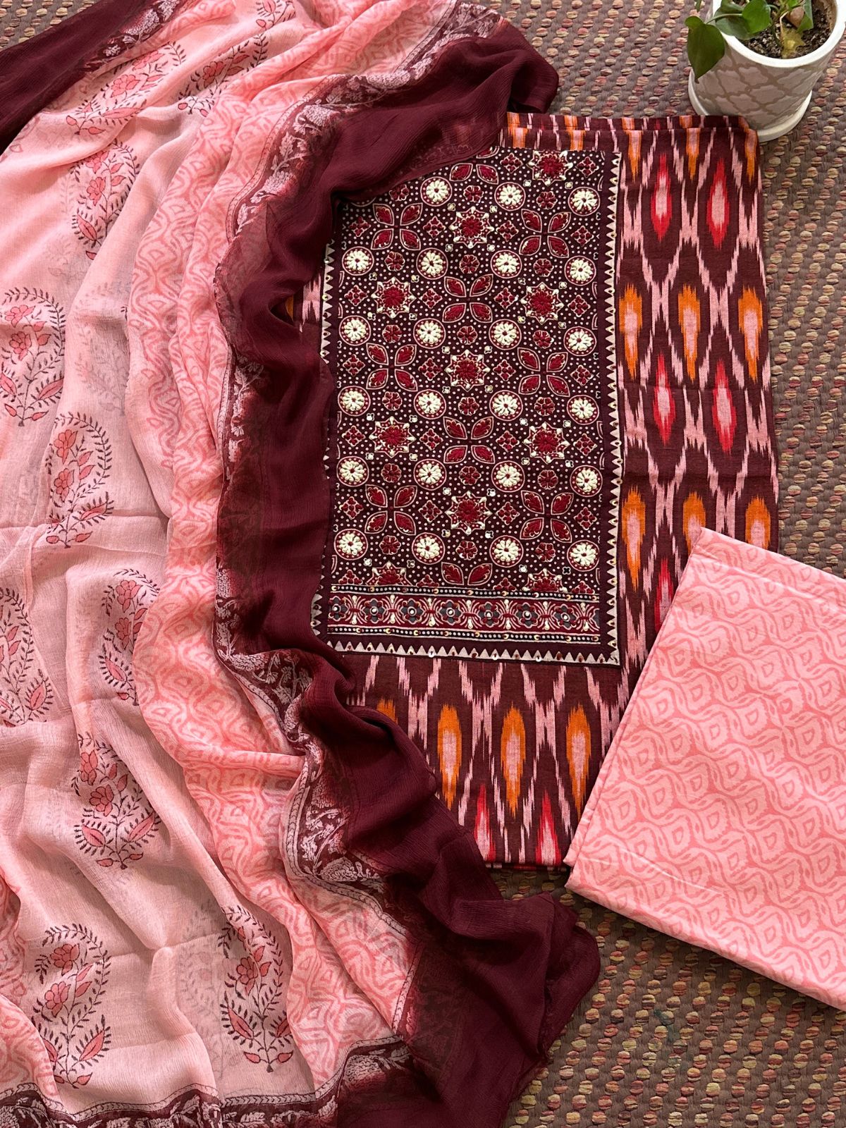 Pure Cotton Handblocked Unstitched Set with Chiffon Dupatta