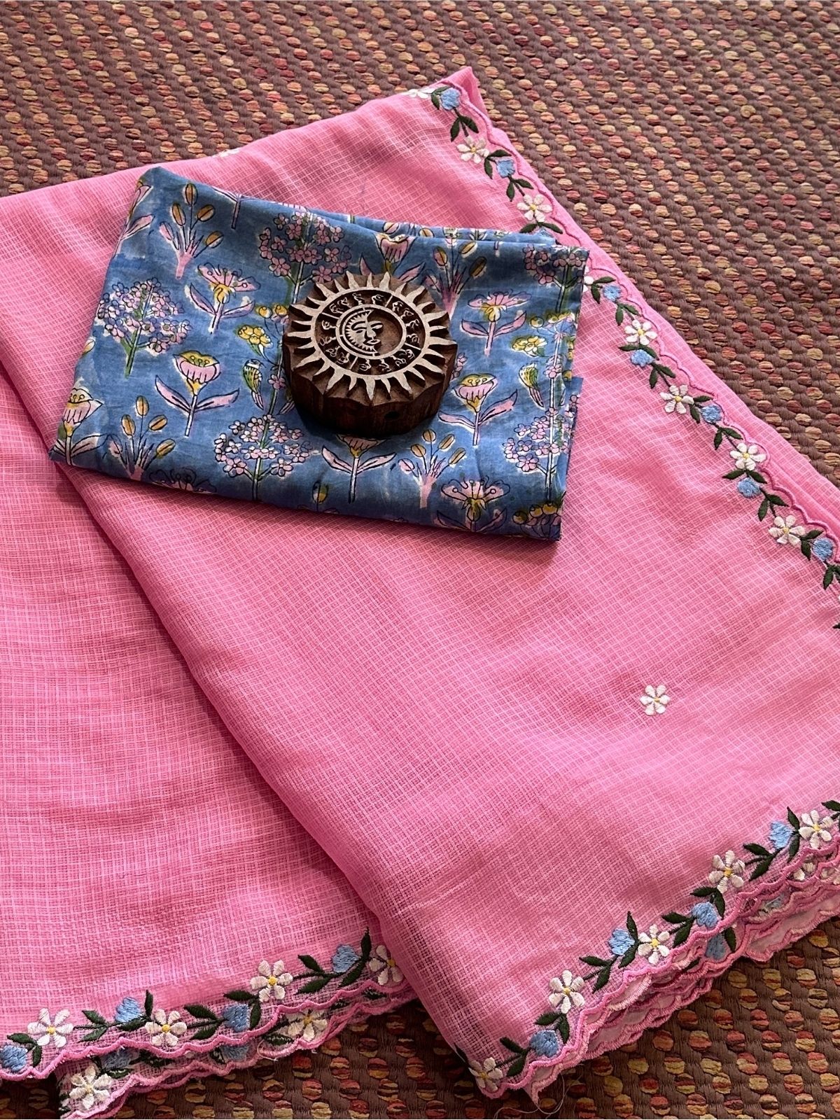 Kota Doria Embroidered Saree with Hand Block Blouse fabric