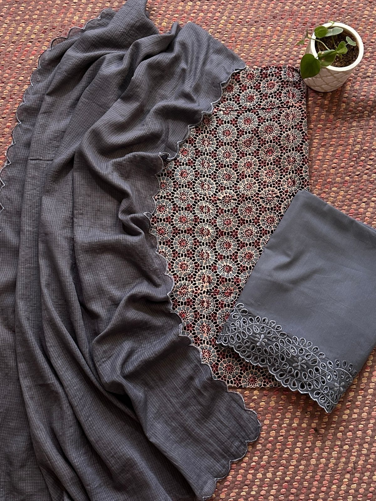 Pure Cotton Malmal  AjFabric with Exclusive Cutwork Bottom & Kota Doria Dupatta