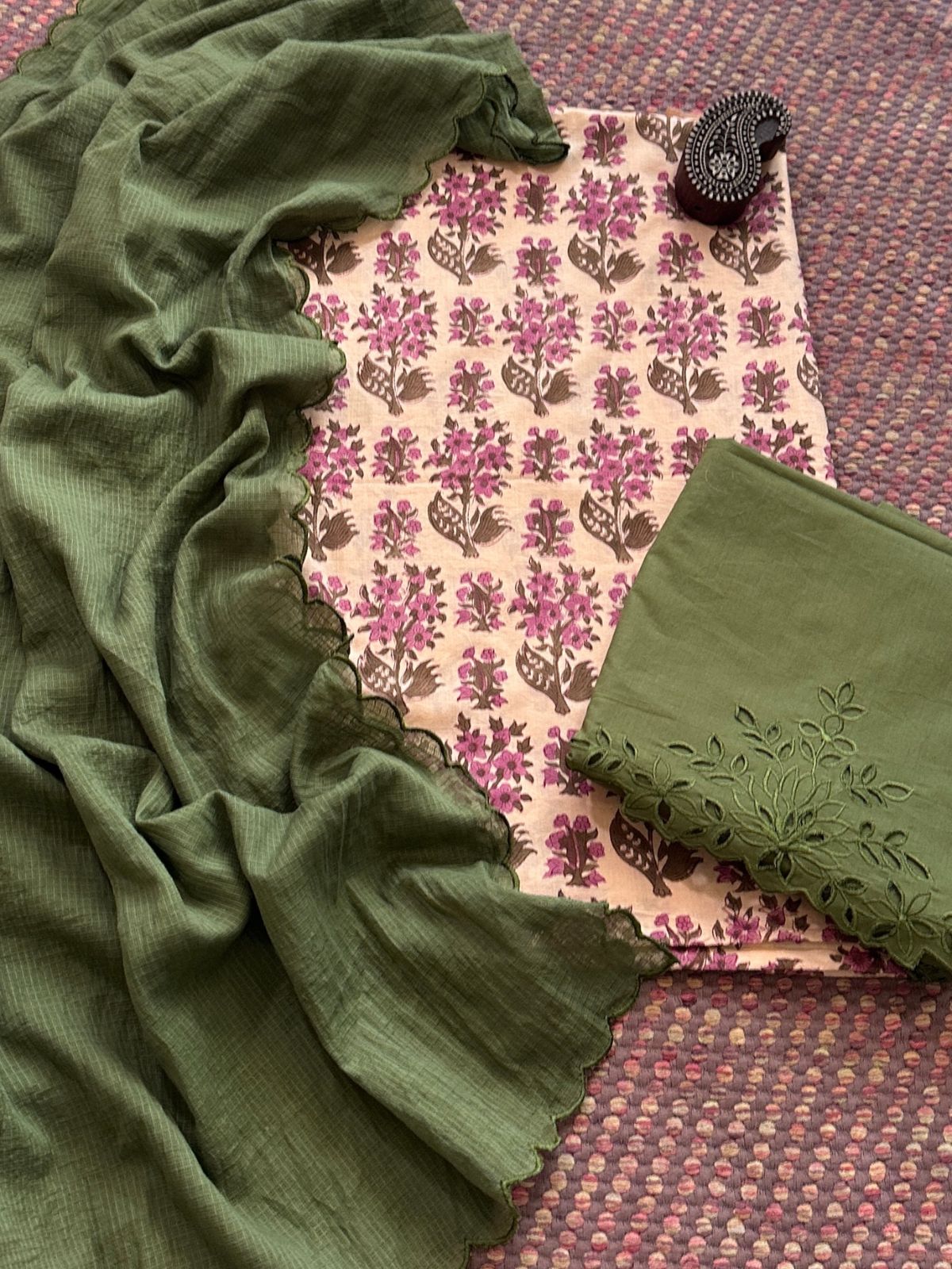 Pure Cotton Hand-blocked Fabric with Cutwork Bottom & Kota Doria Dupatta