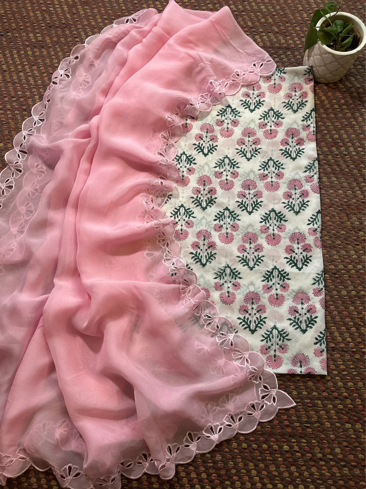 Pure Cotton Handblocked Fabric with Exclusive Cutwork Organza Dupatta