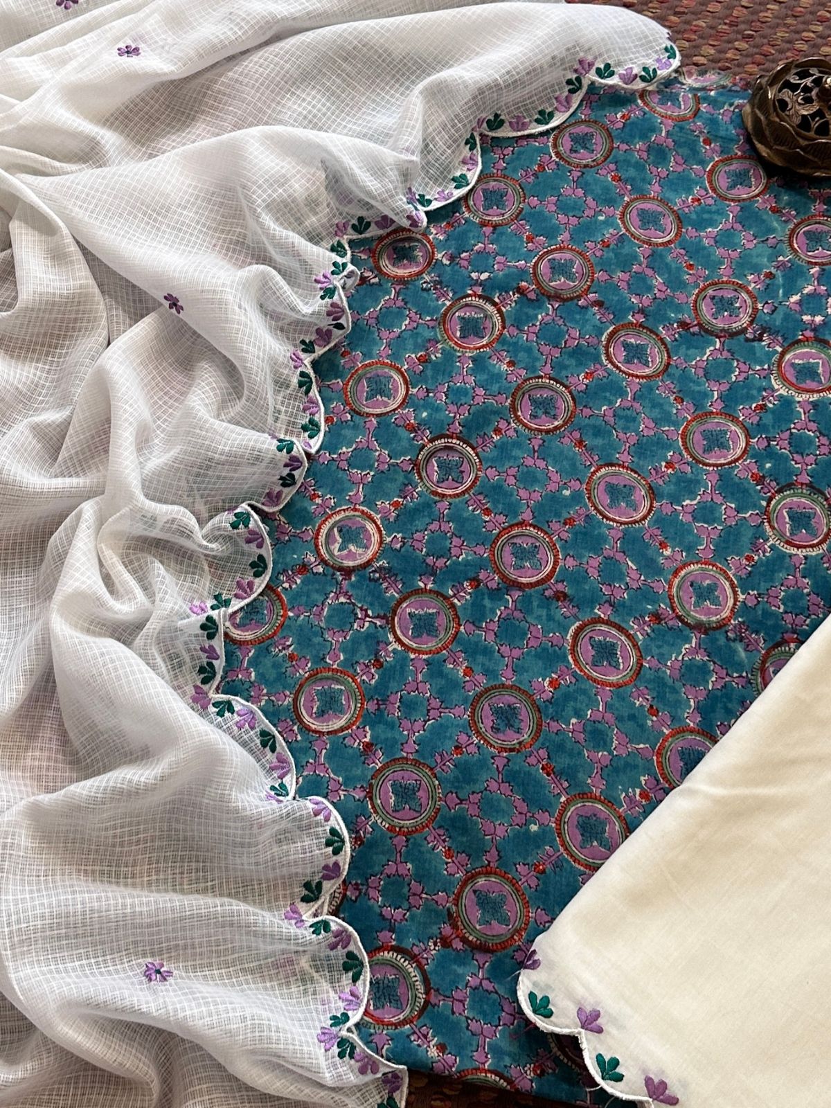 Pure Cotton Hand-block Fabric with Embroidered Bottom & Kota Doria Dupatta