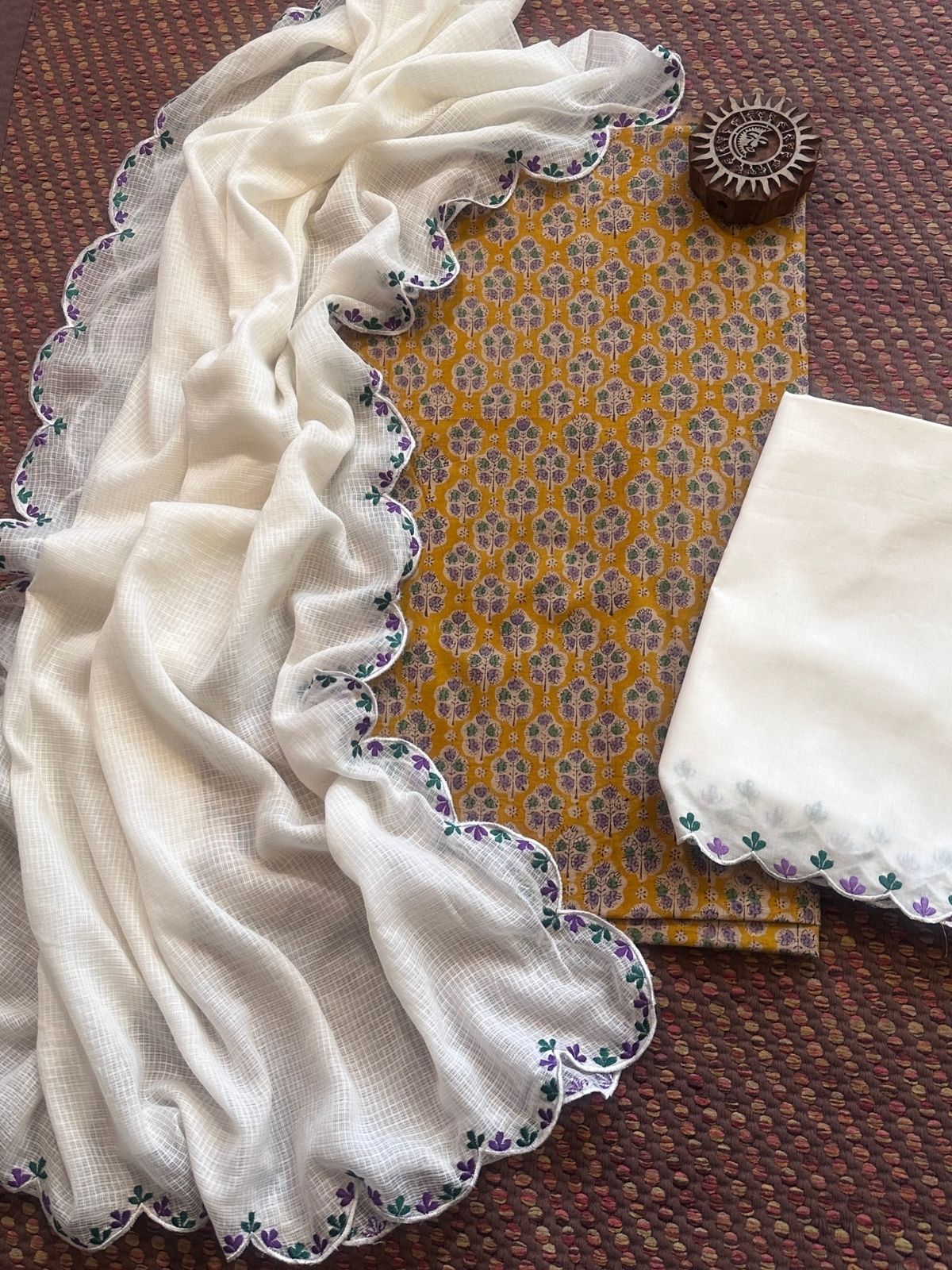 Pure Cotton Hand-block Fabric with Embroidered Bottom & Kota Doria Dupatta